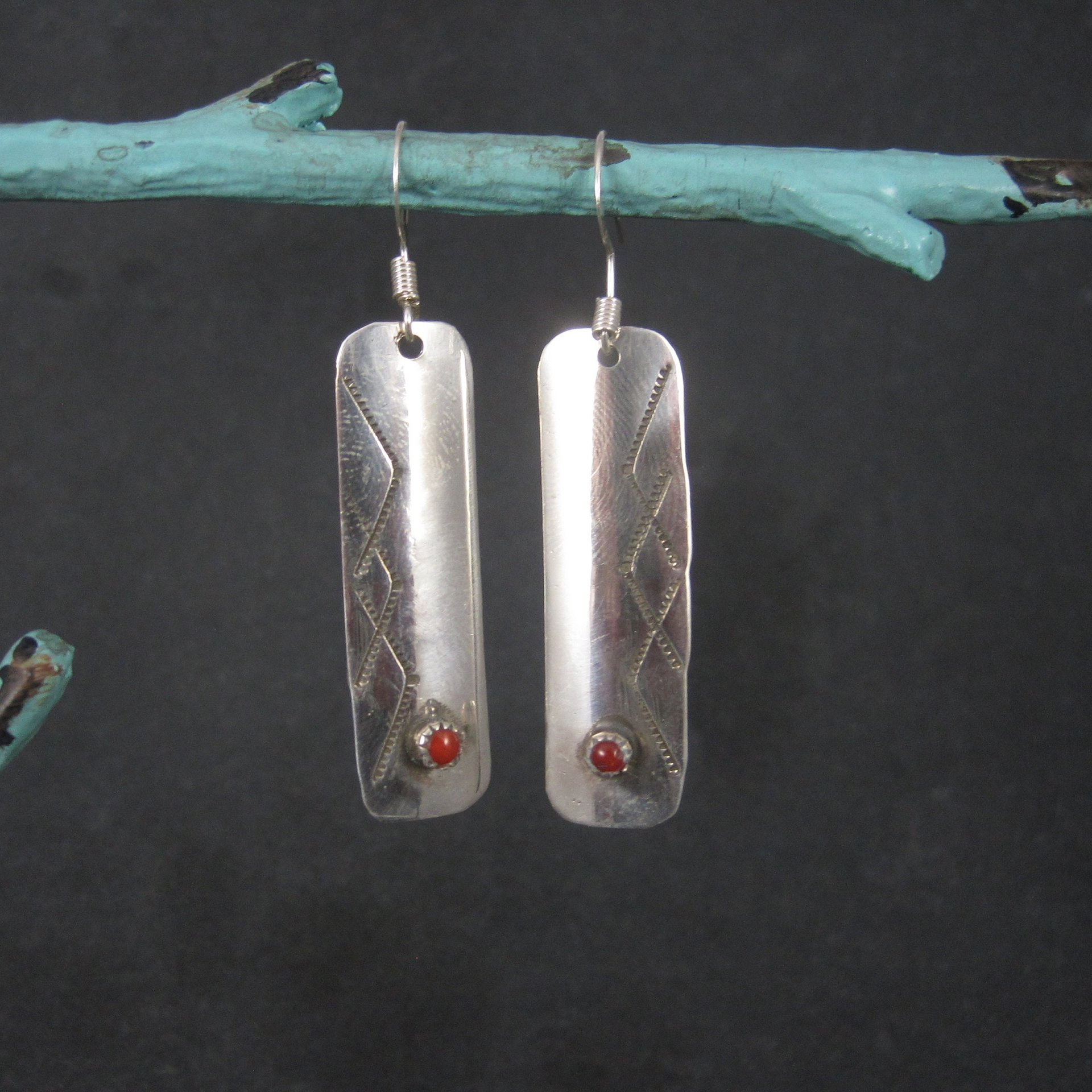 Long Vintage Southwestern Sterling Coral Earrings