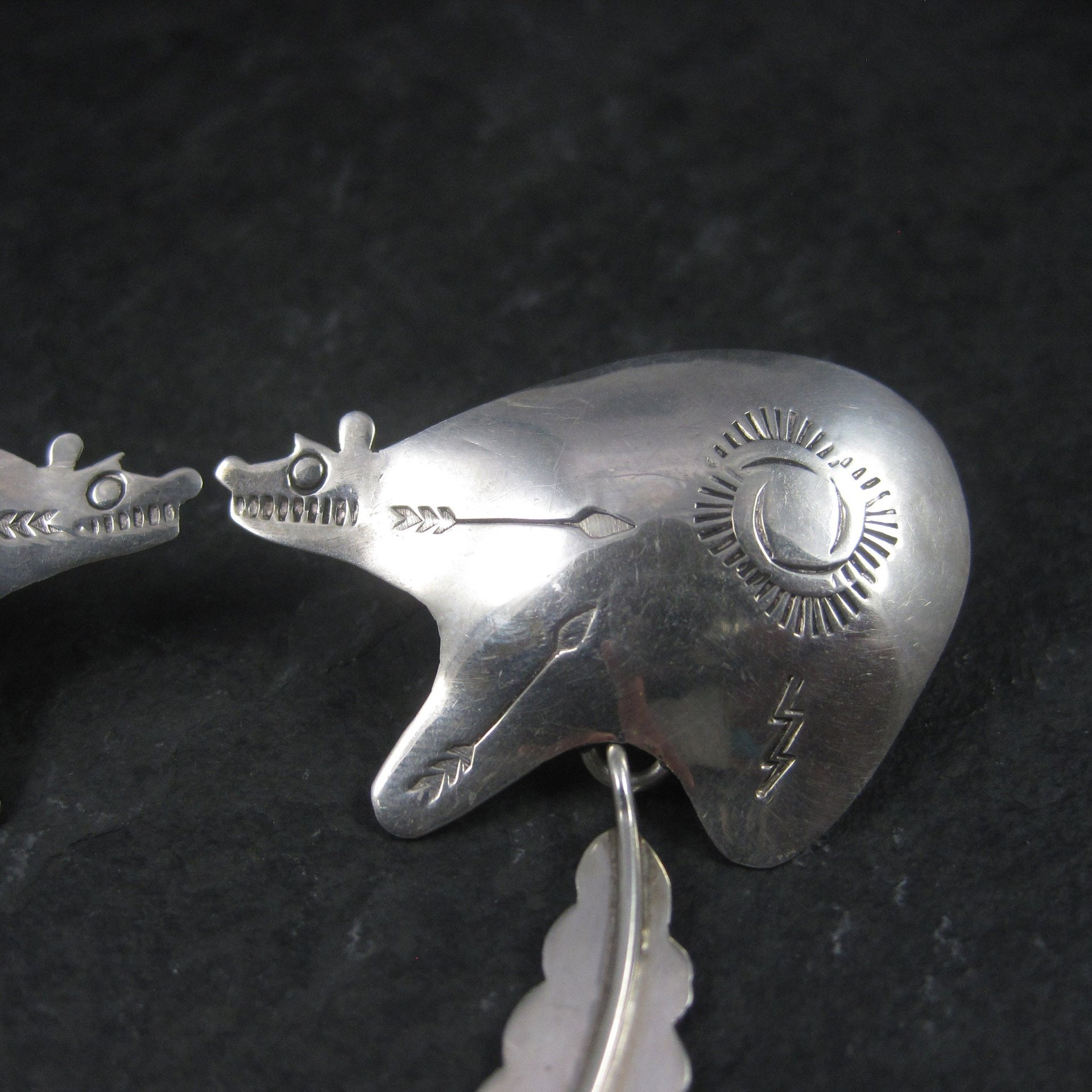 Large Sterling Southwestern Feather Bear Earrings
