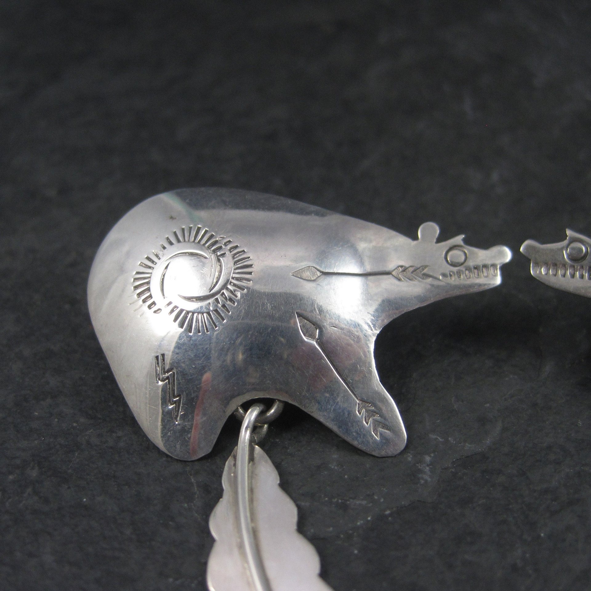 Large Sterling Southwestern Feather Bear Earrings