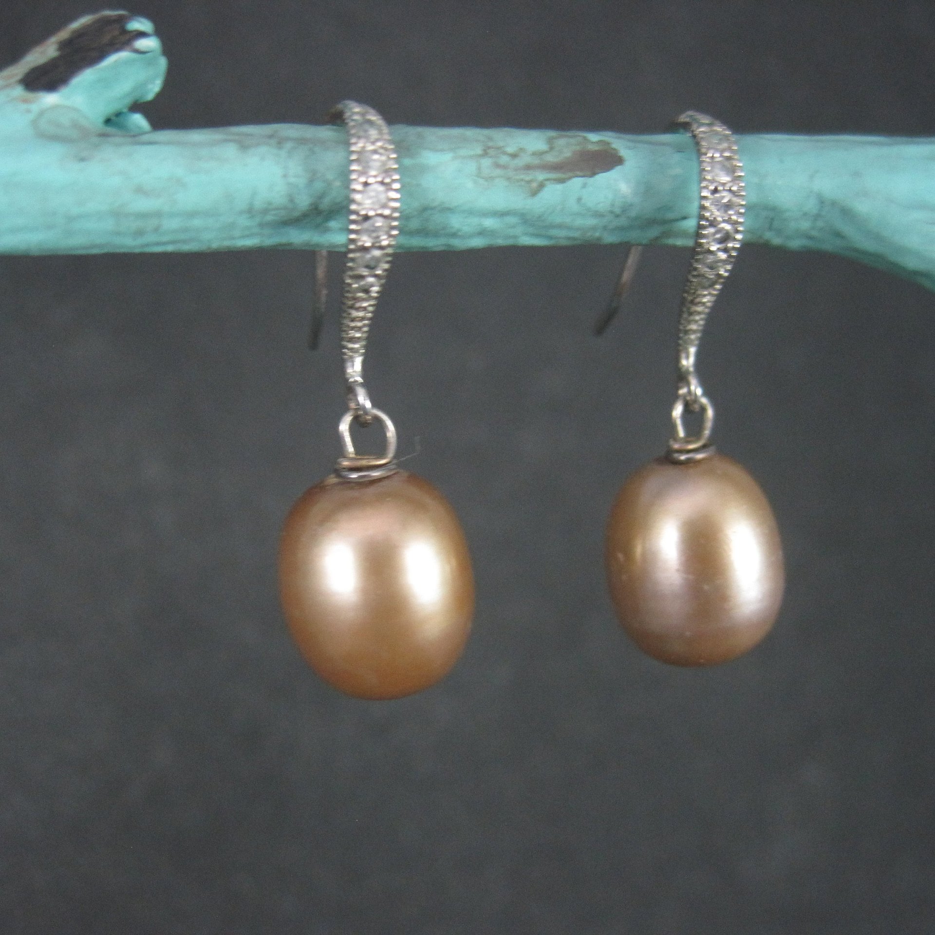 Vintage Sterling Brown Cultured Pearl Diamond Earrings