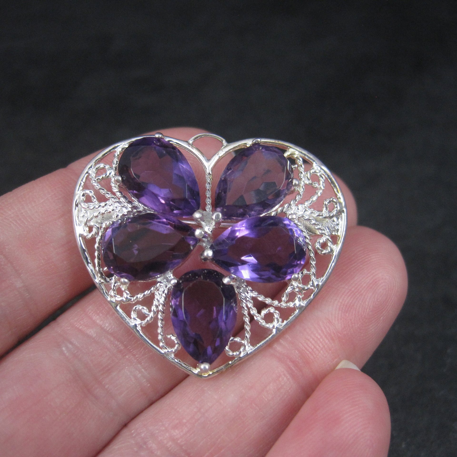 Filigree Sterling Silver Amethyst Heart Brooch