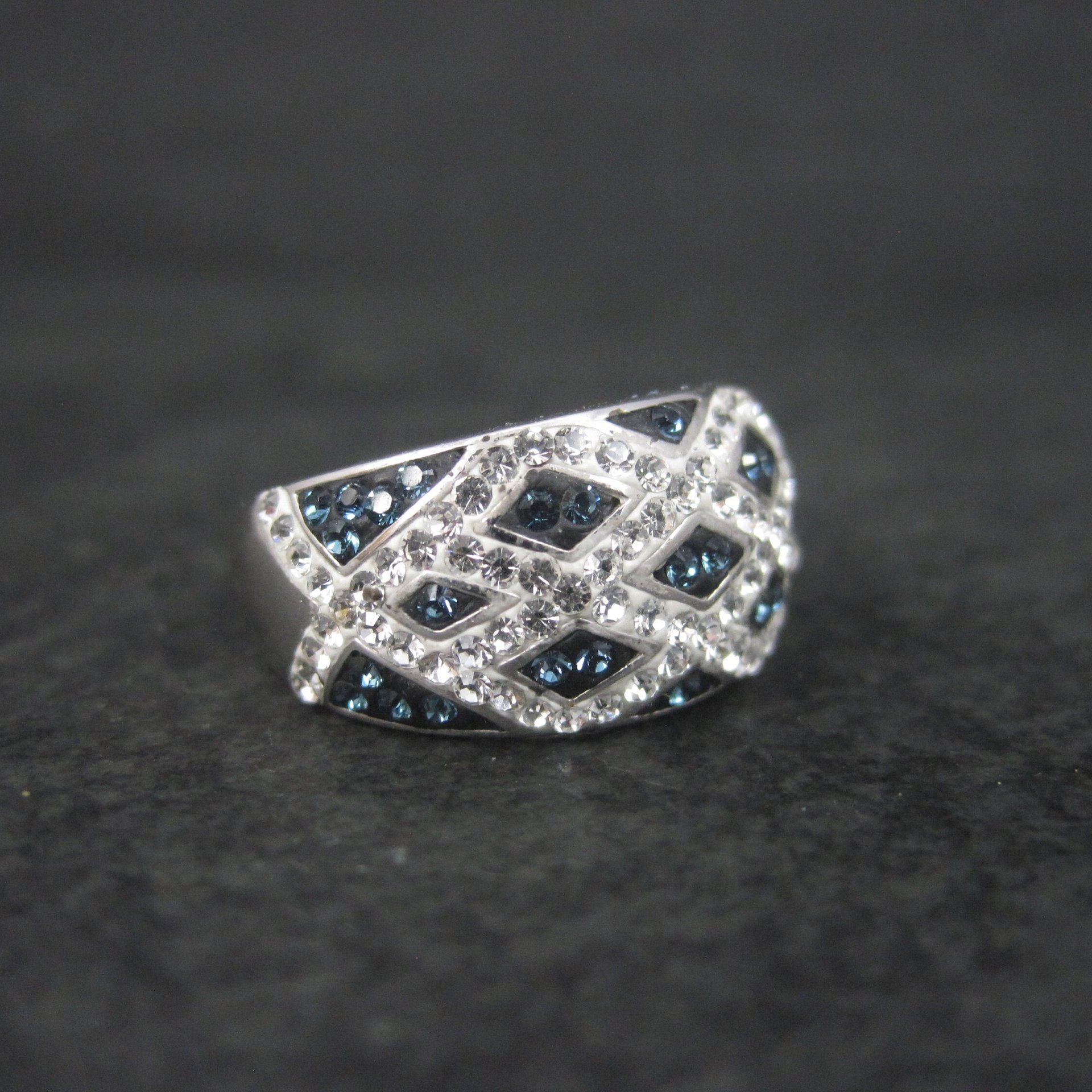 Sterling Blue White Enamel Crystal Ring Size 7