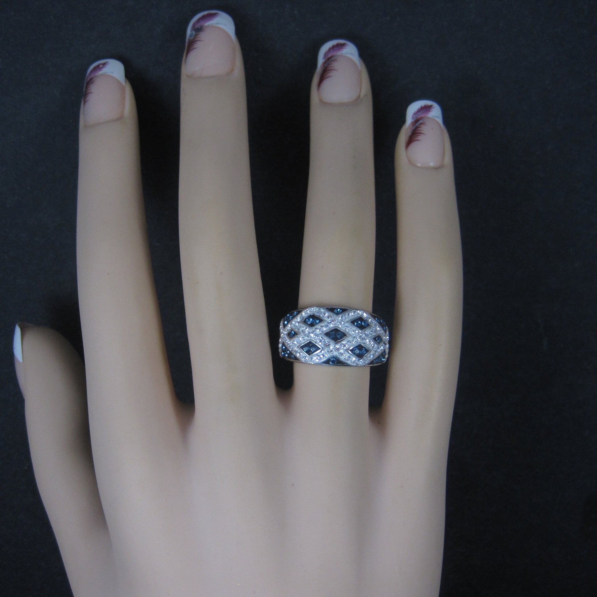 Sterling Blue White Enamel Crystal Ring Size 7