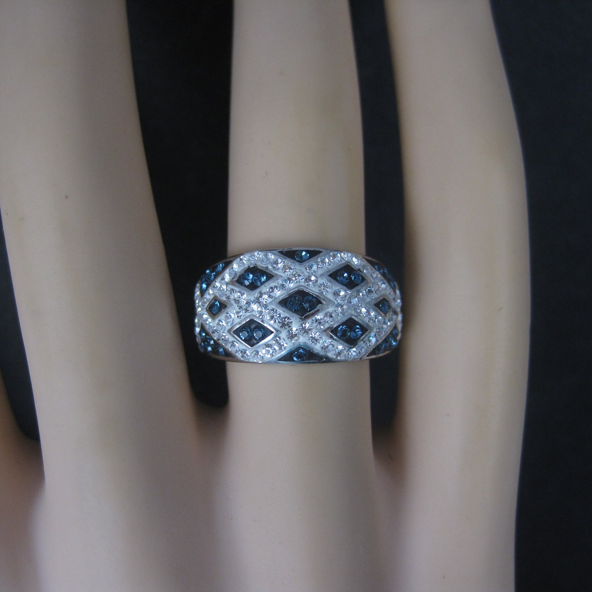 Sterling Blue White Enamel Crystal Ring Size 7