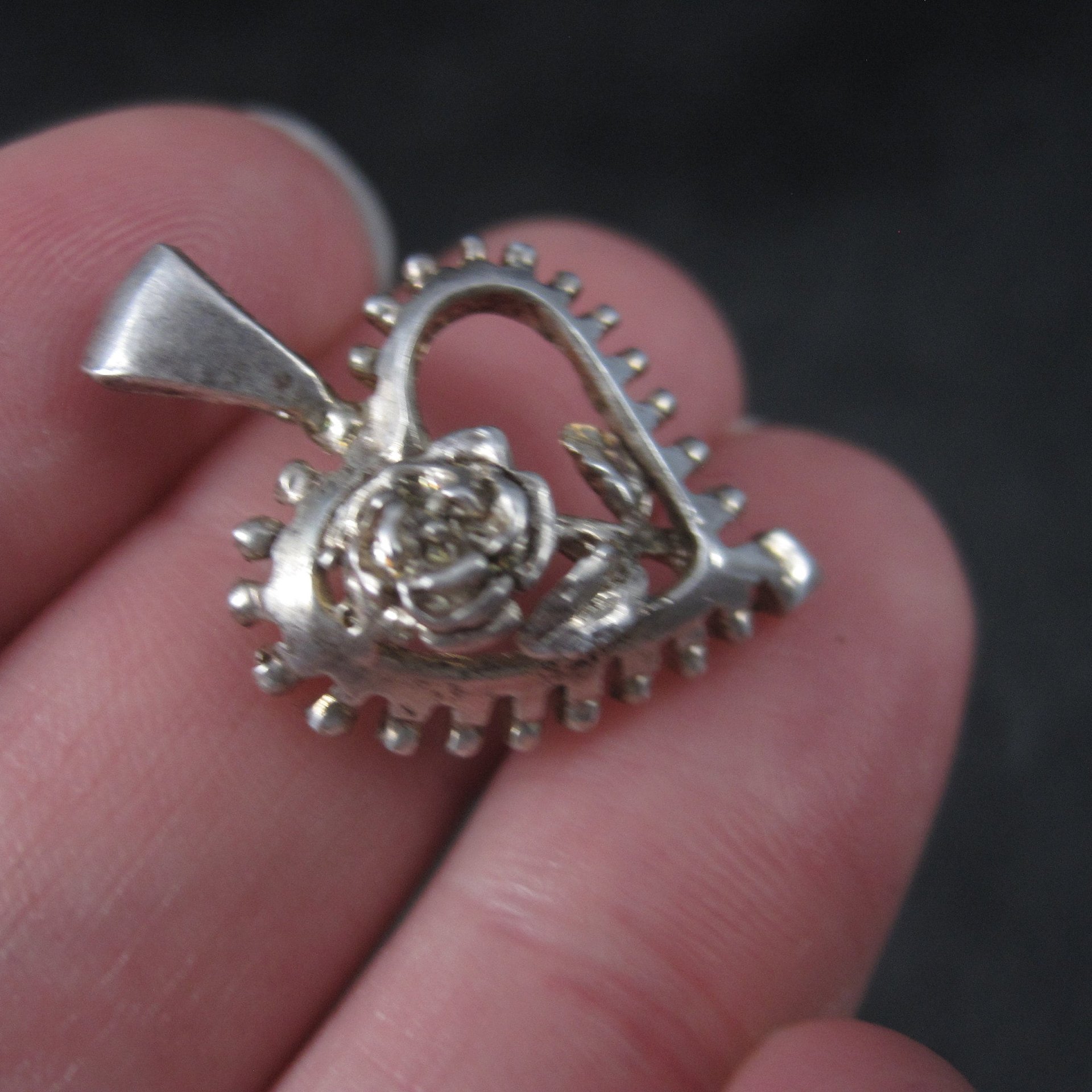 Vintage Sterling Heart Rose Pendant