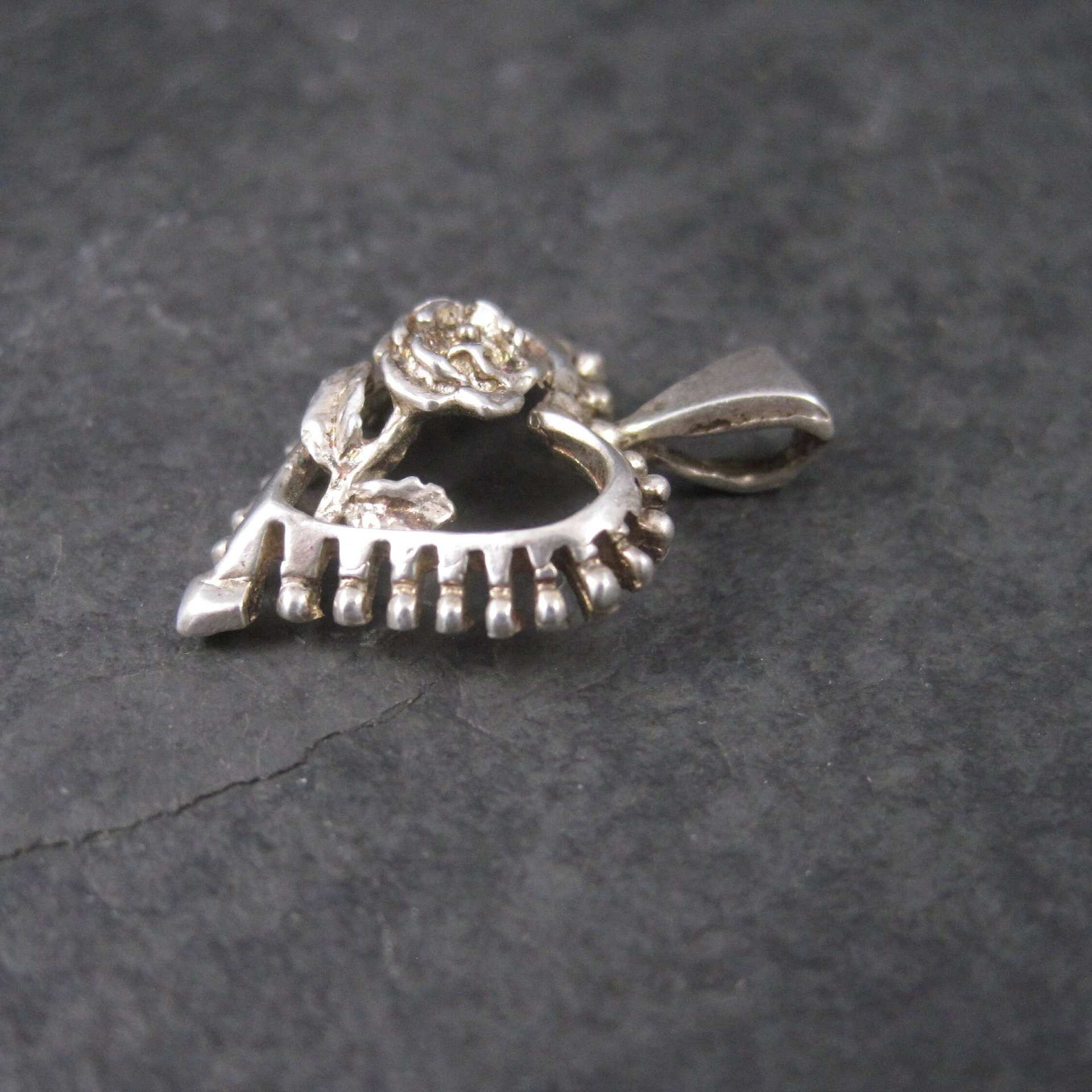 Vintage Sterling Heart Rose Pendant