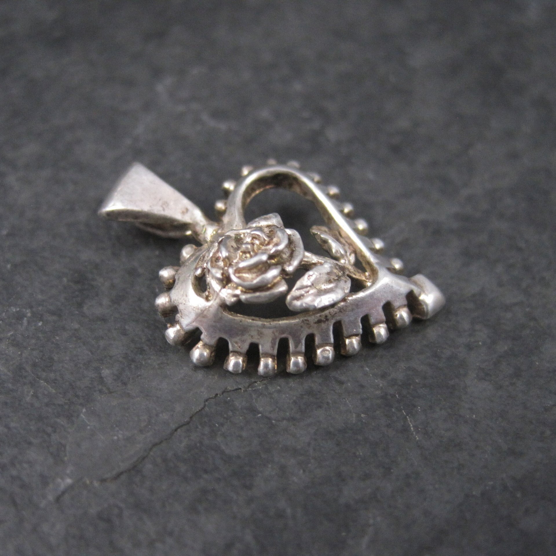 Vintage Sterling Heart Rose Pendant