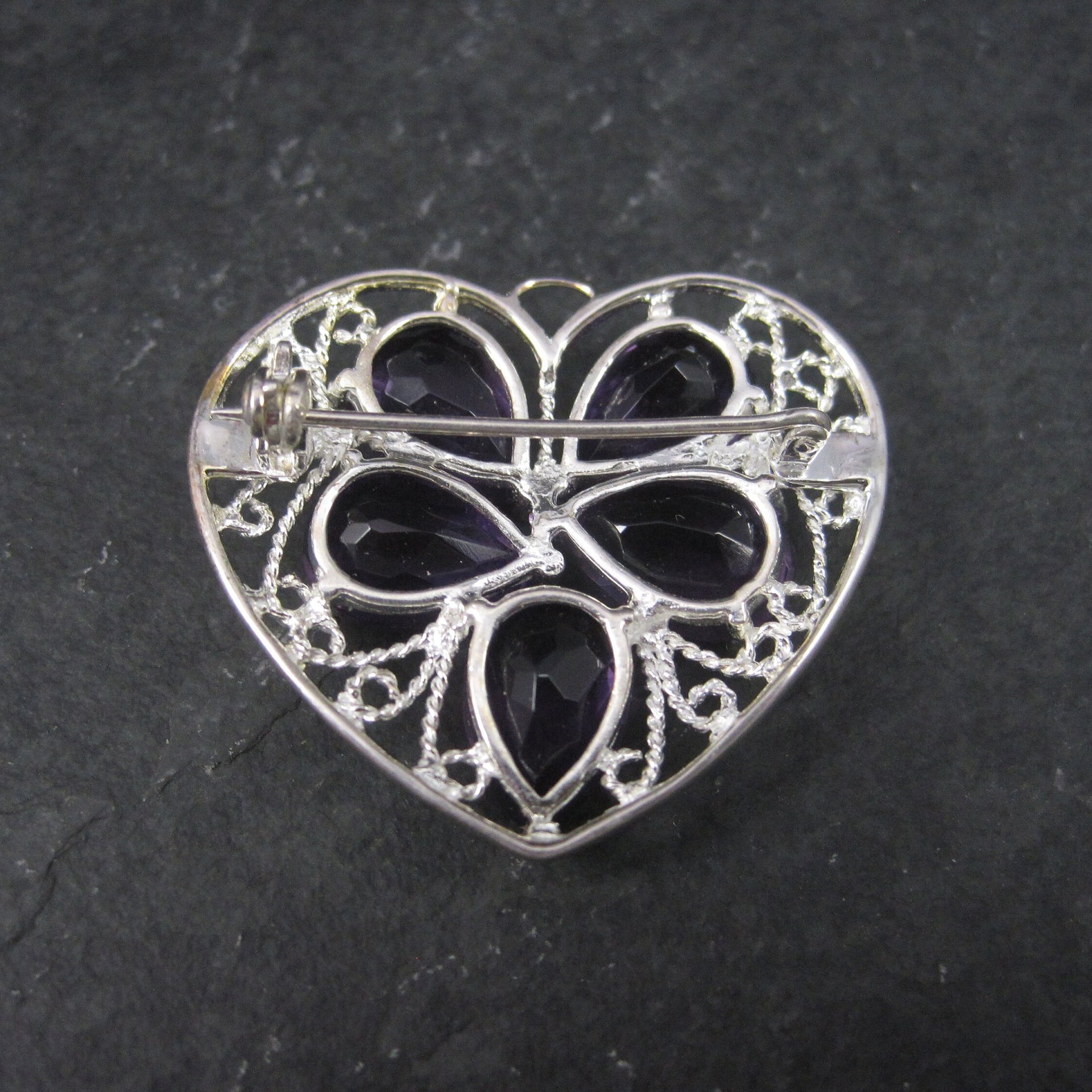 Filigree Sterling Silver Amethyst Heart Brooch