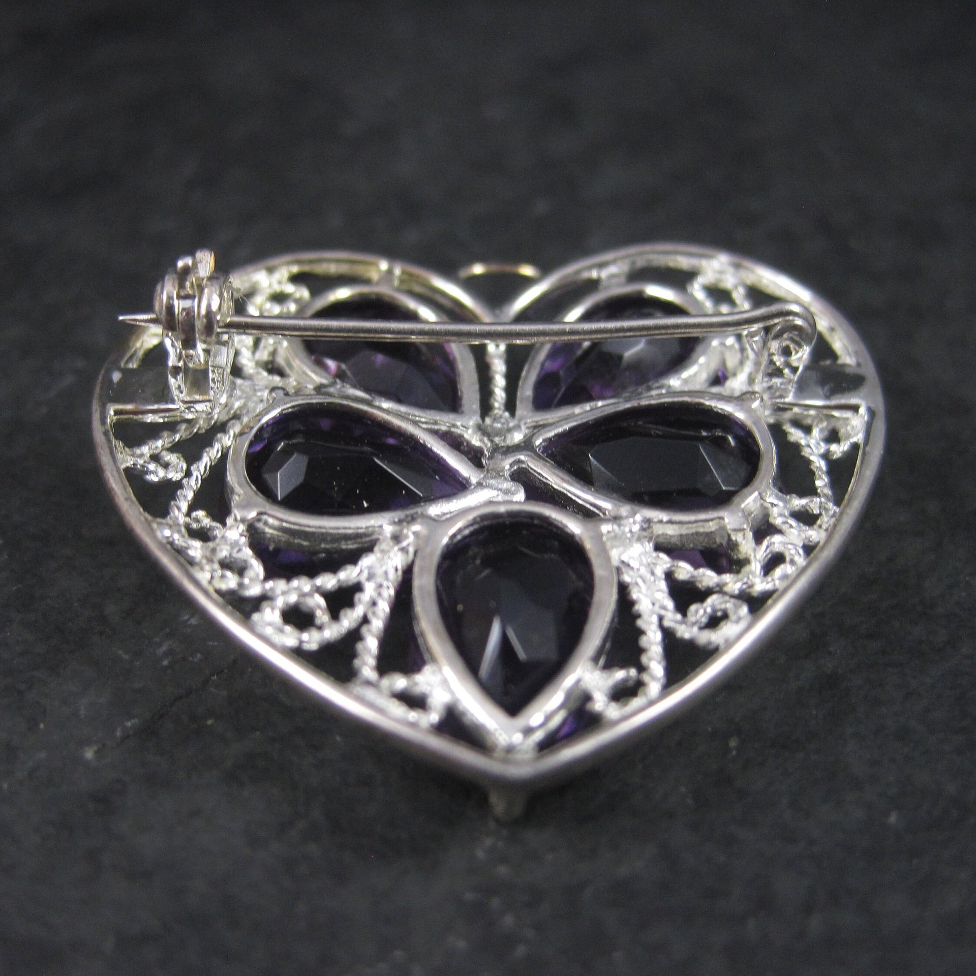Filigree Sterling Silver Amethyst Heart Brooch