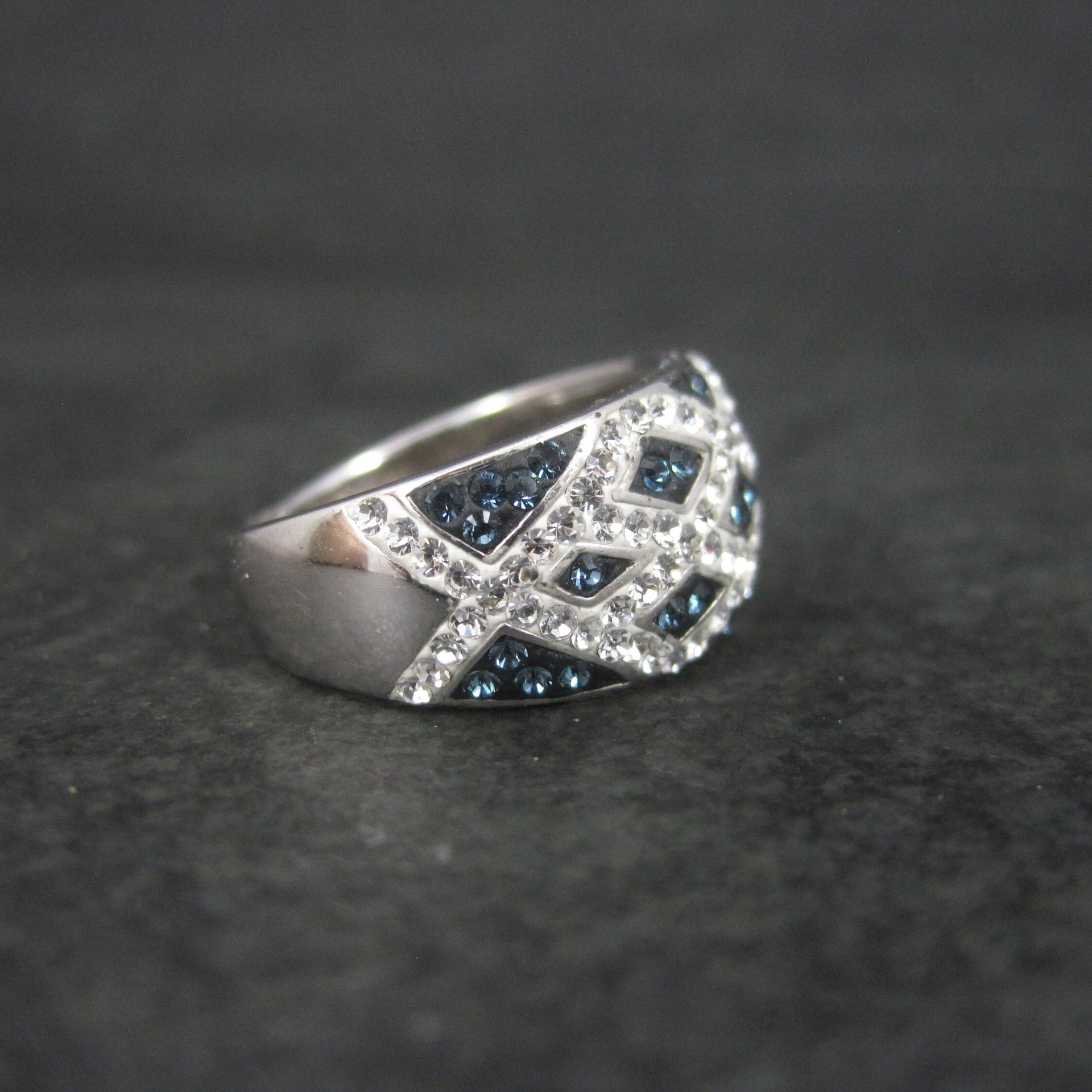 Sterling Blue White Enamel Crystal Ring Size 7