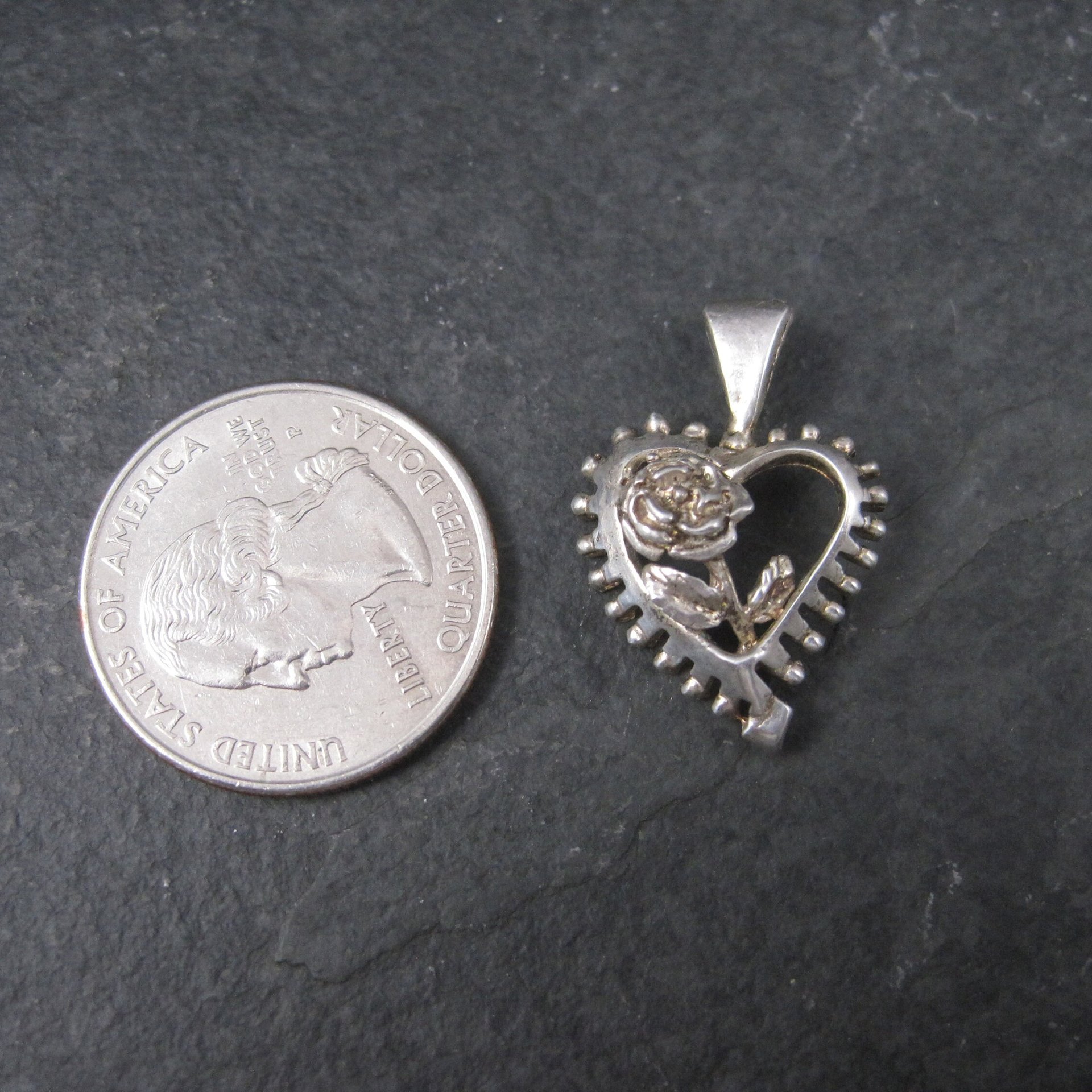Vintage Sterling Heart Rose Pendant