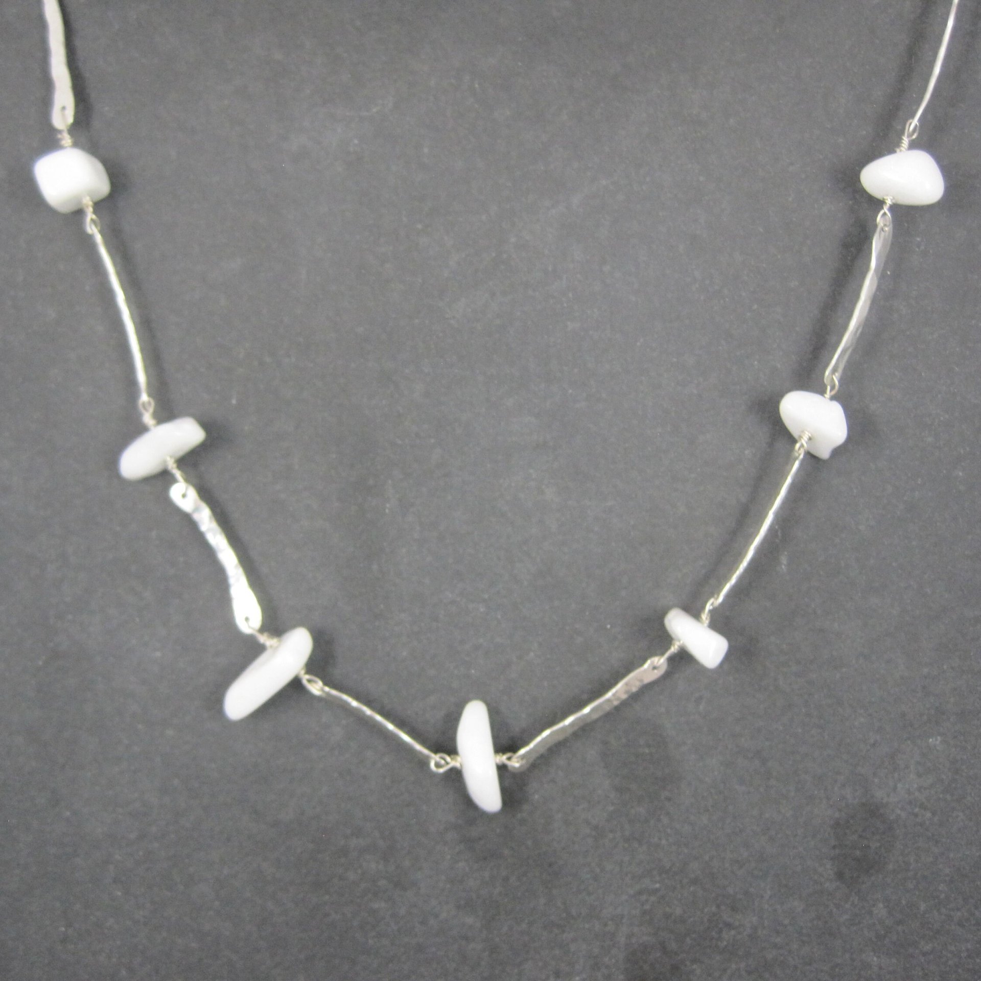 Vintage Hammered Sterling White Quartz Necklace 22 Inches