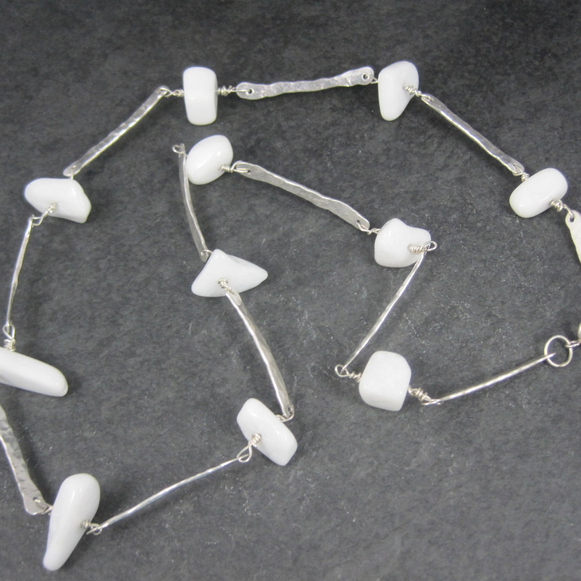 Vintage Hammered Sterling White Quartz Necklace 22 Inches