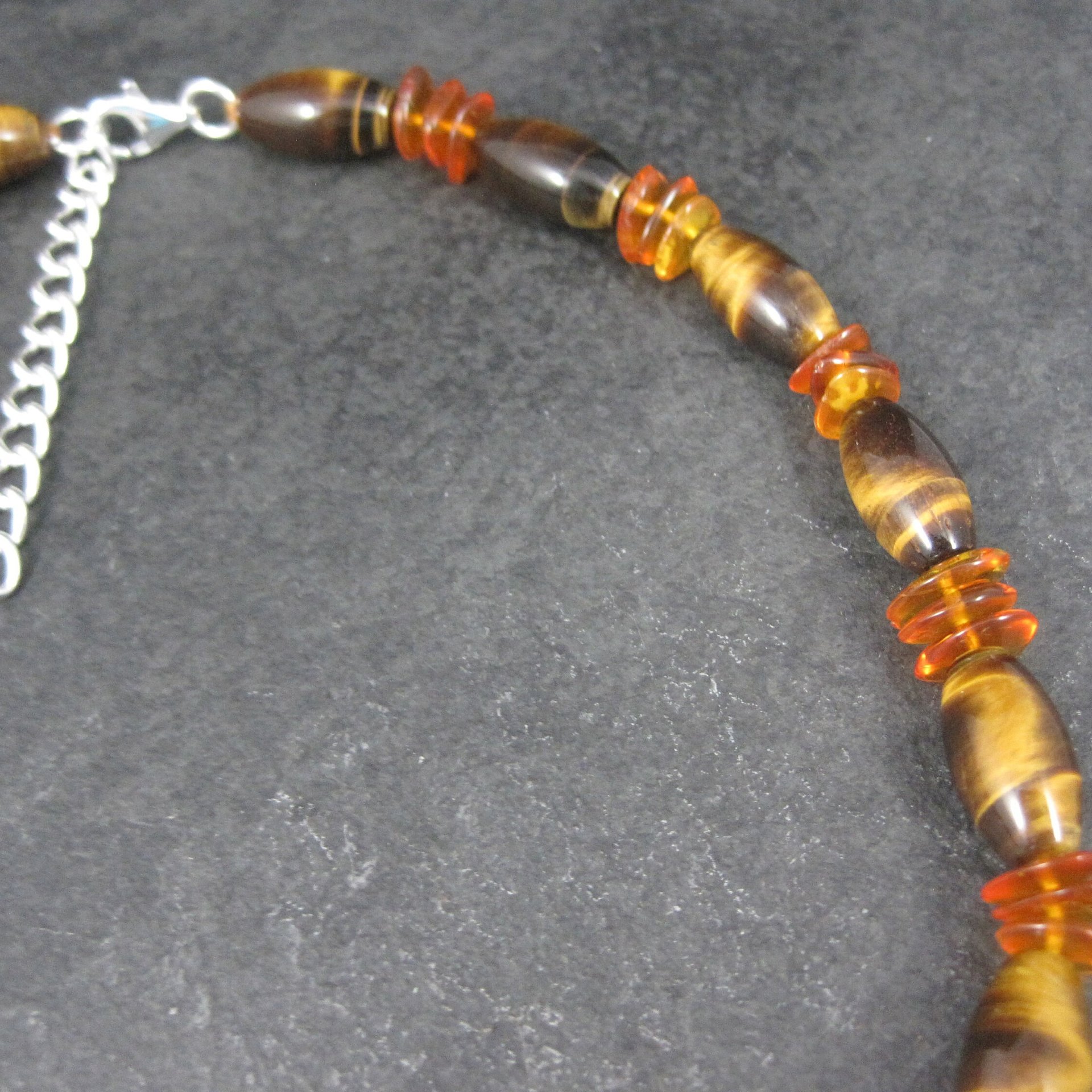 Vintage Sterling Tigers Eye Bead Necklace 17 Inches