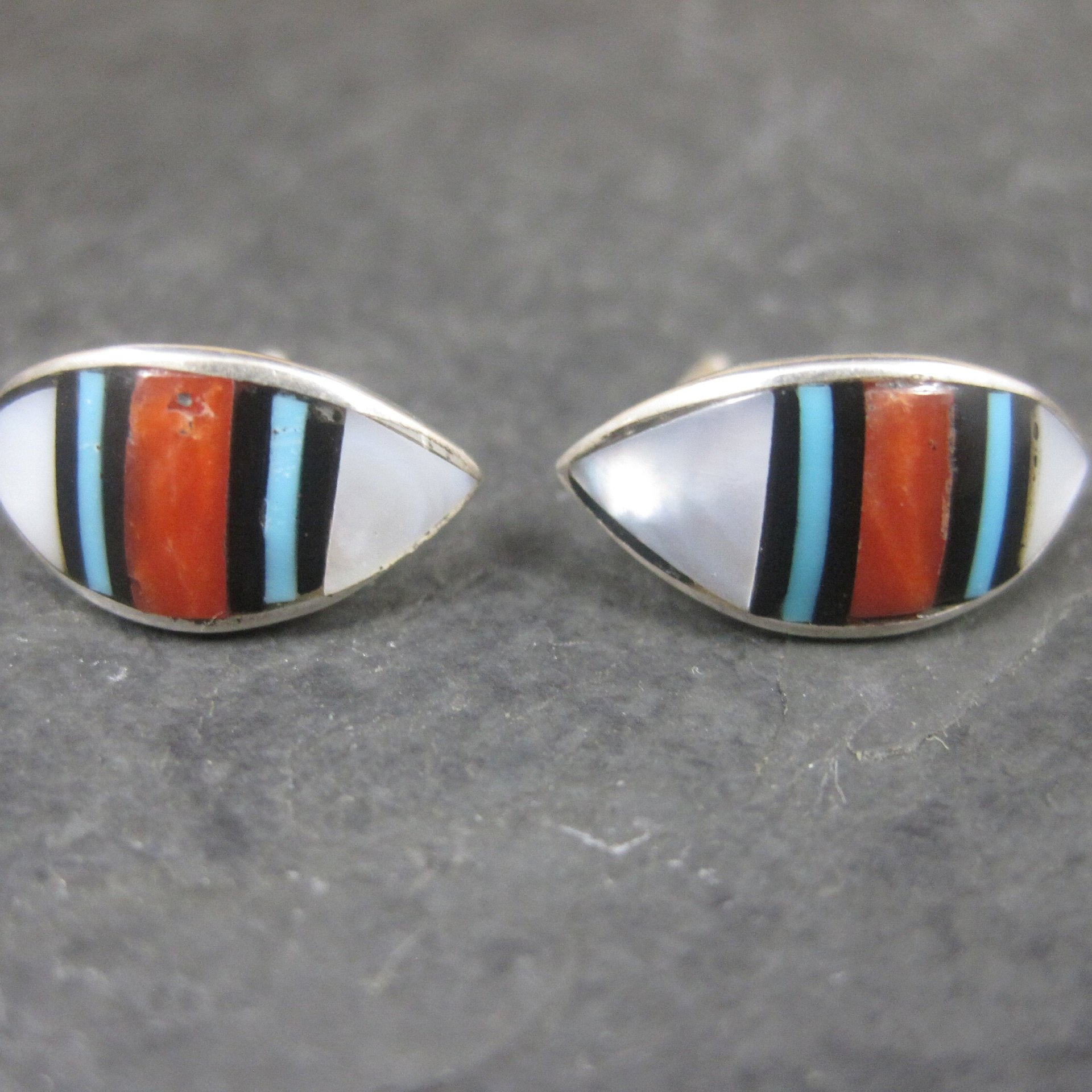 Southwestern Sterling Coral Turquoise Inlay Earrings