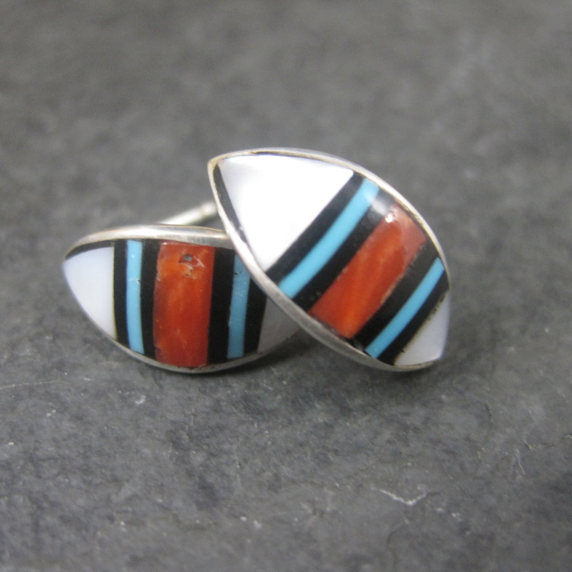 Southwestern Sterling Coral Turquoise Inlay Earrings
