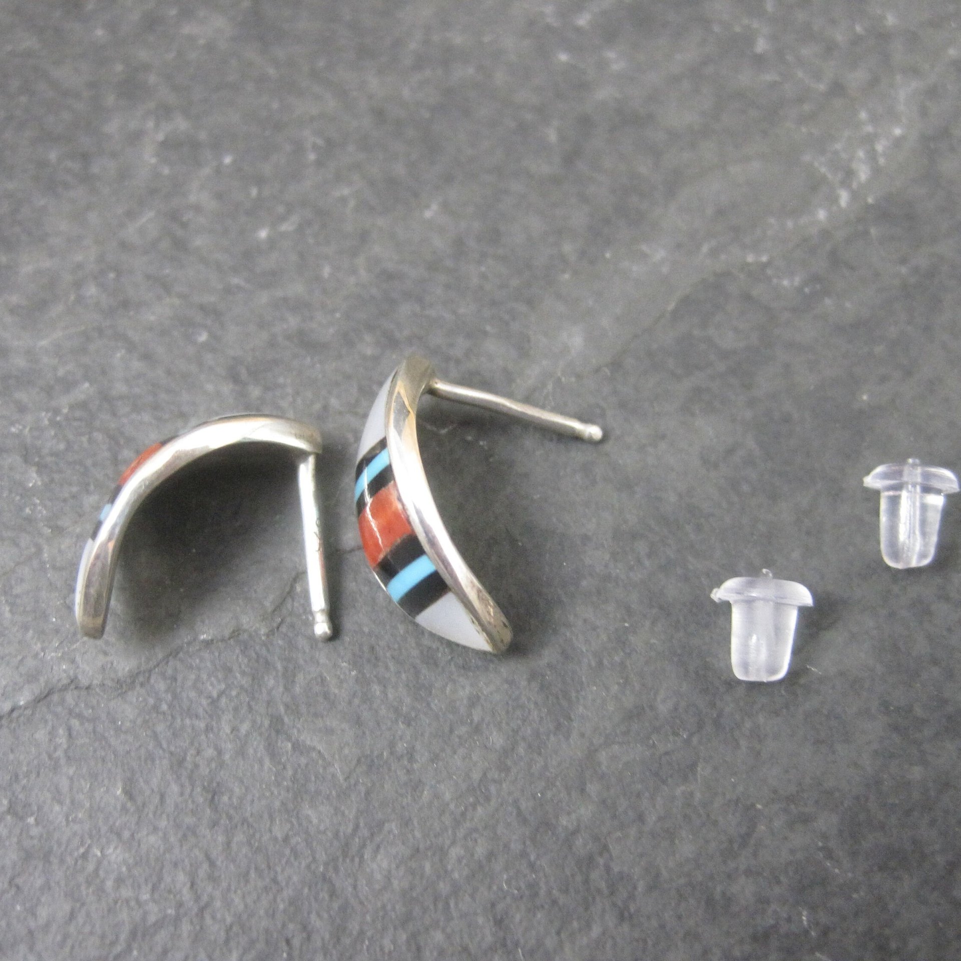 Southwestern Sterling Coral Turquoise Inlay Earrings