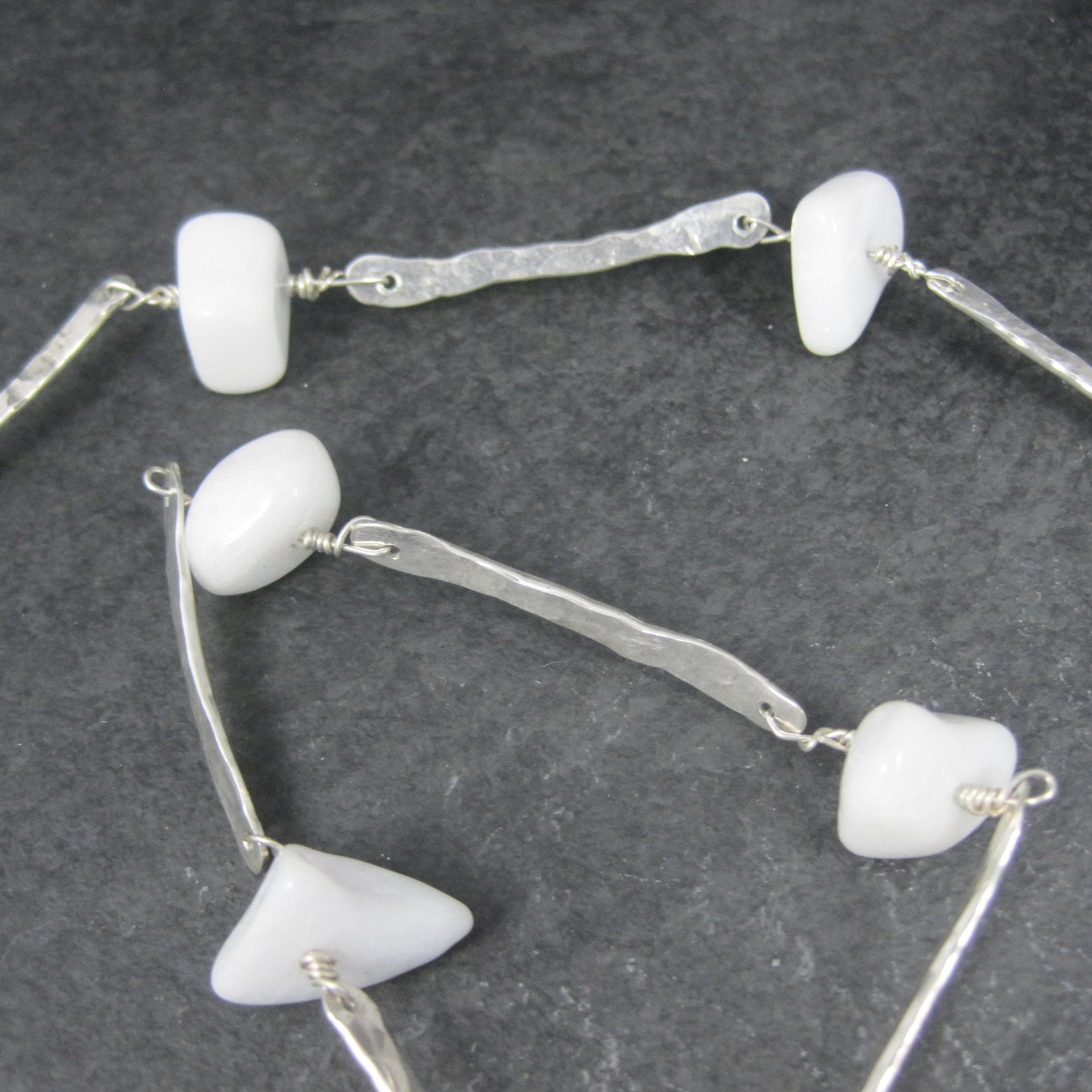 Vintage Hammered Sterling White Quartz Necklace 22 Inches