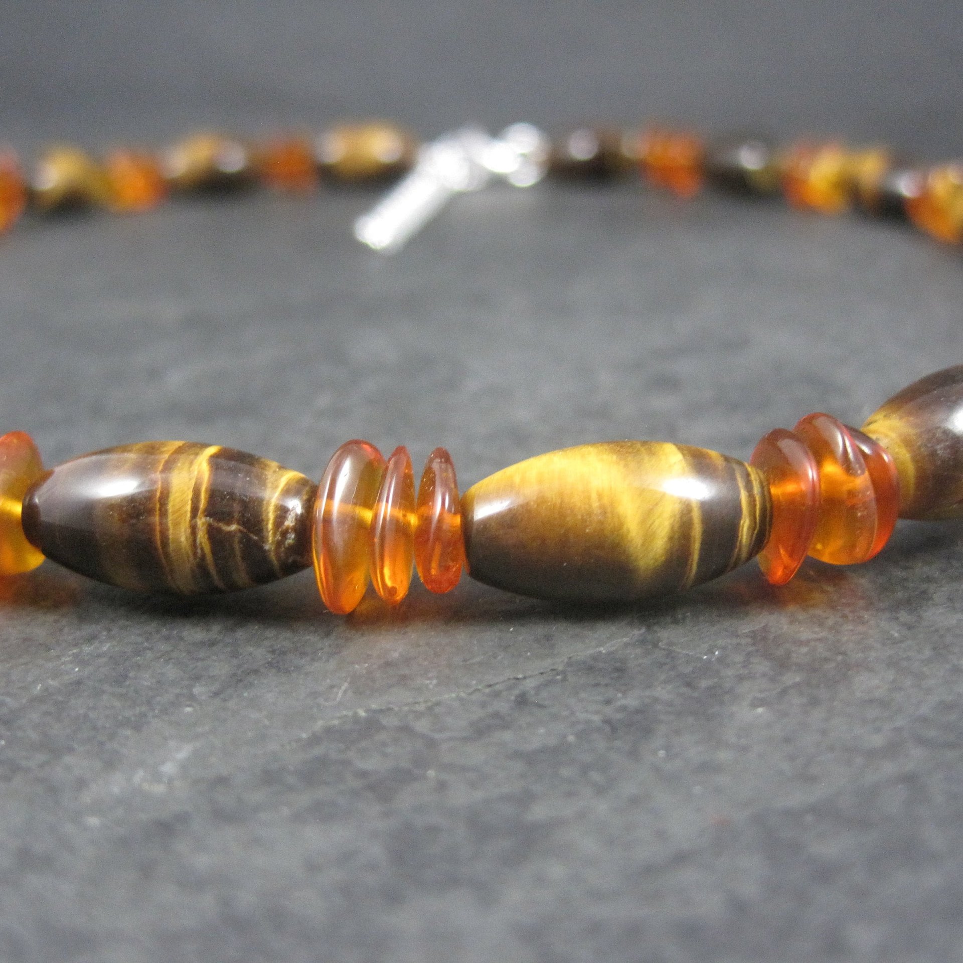 Vintage Sterling Tigers Eye Bead Necklace 17 Inches