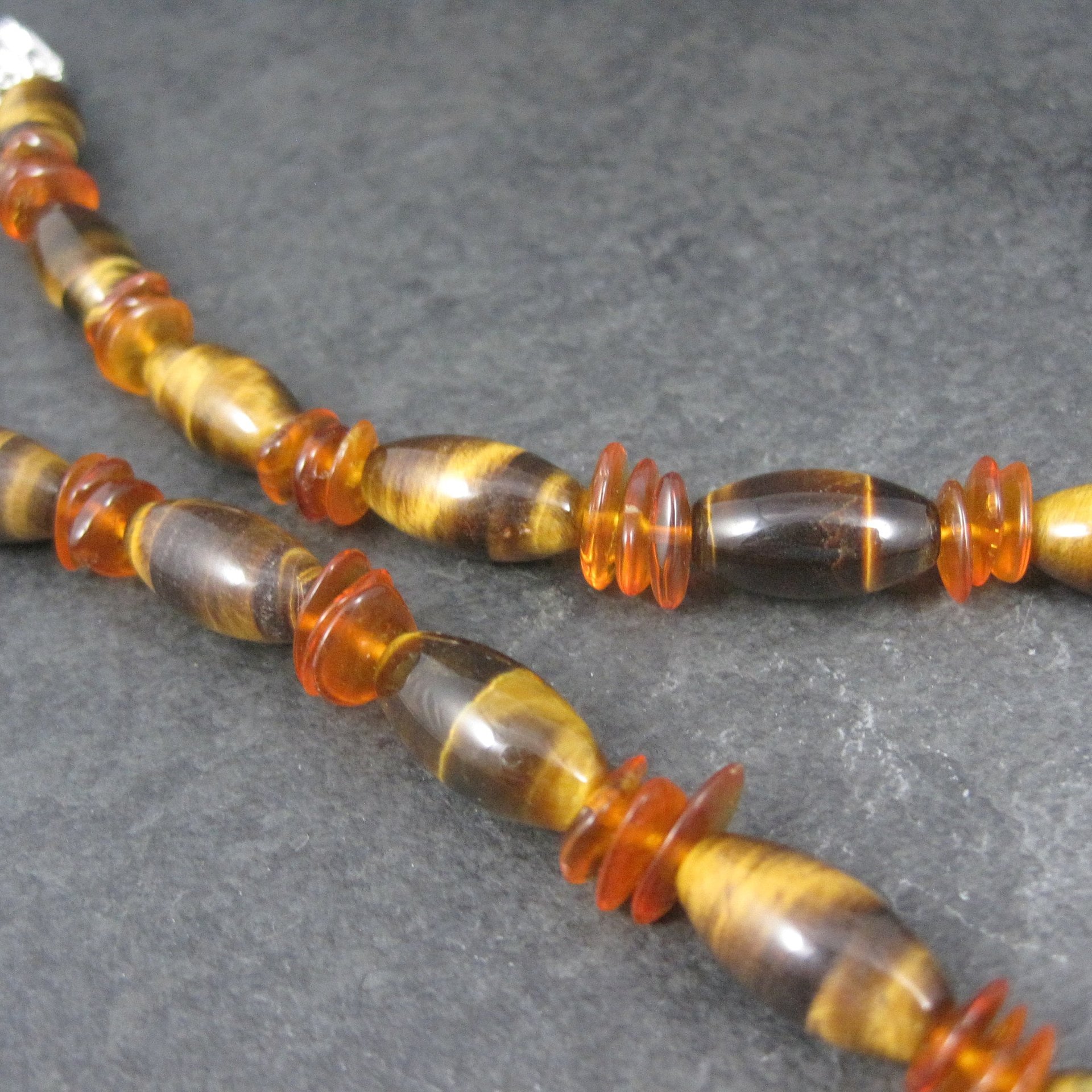 Vintage Sterling Tigers Eye Bead Necklace 17 Inches