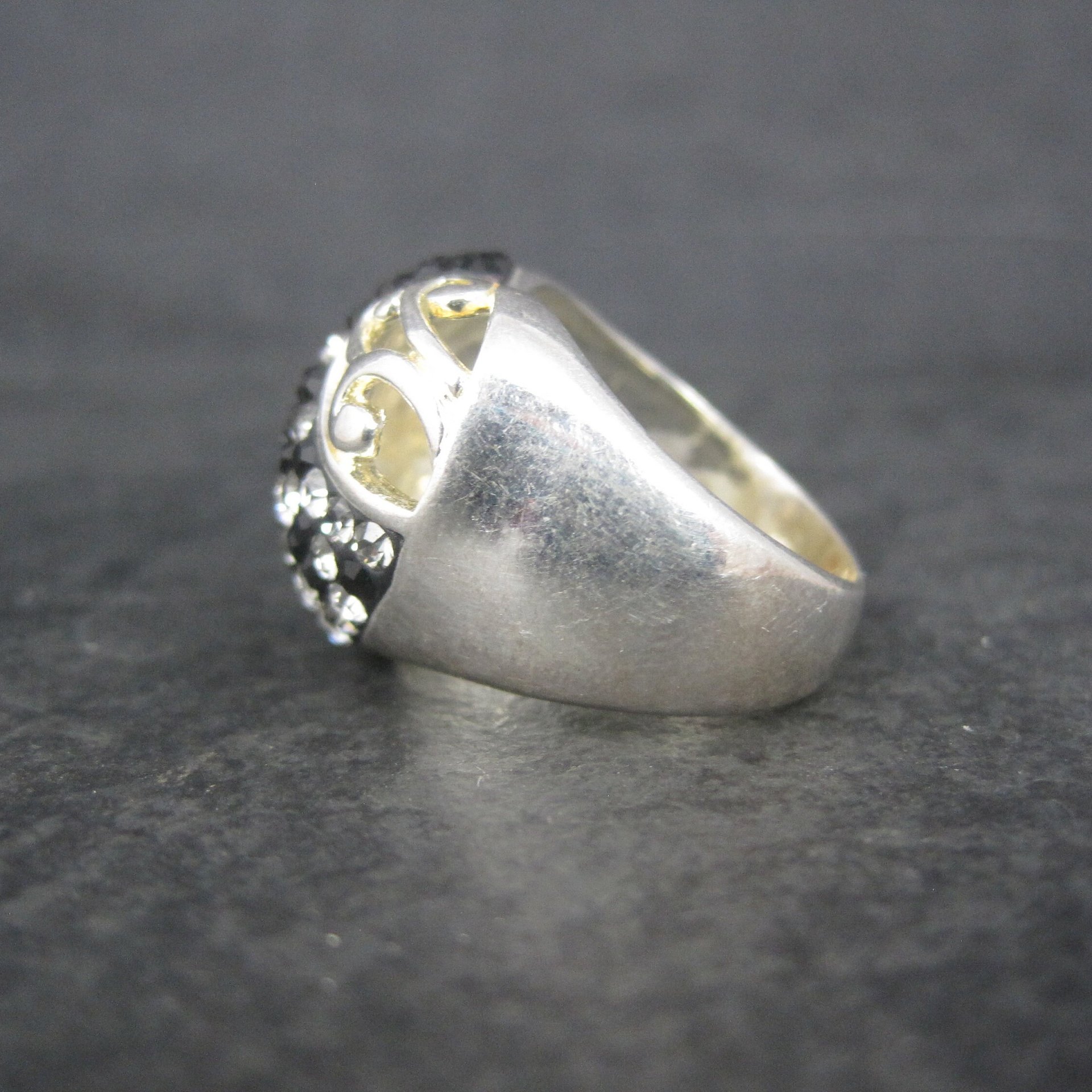 Vintage Sterling Black White Crystal Heart Ring Size 6