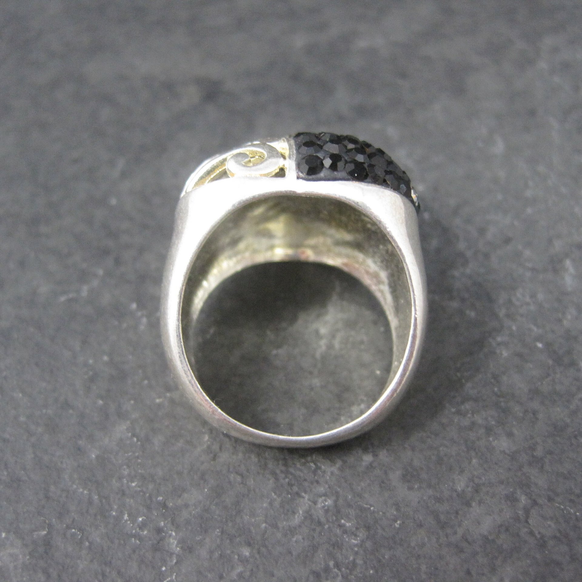 Vintage Sterling Black White Crystal Heart Ring Size 6