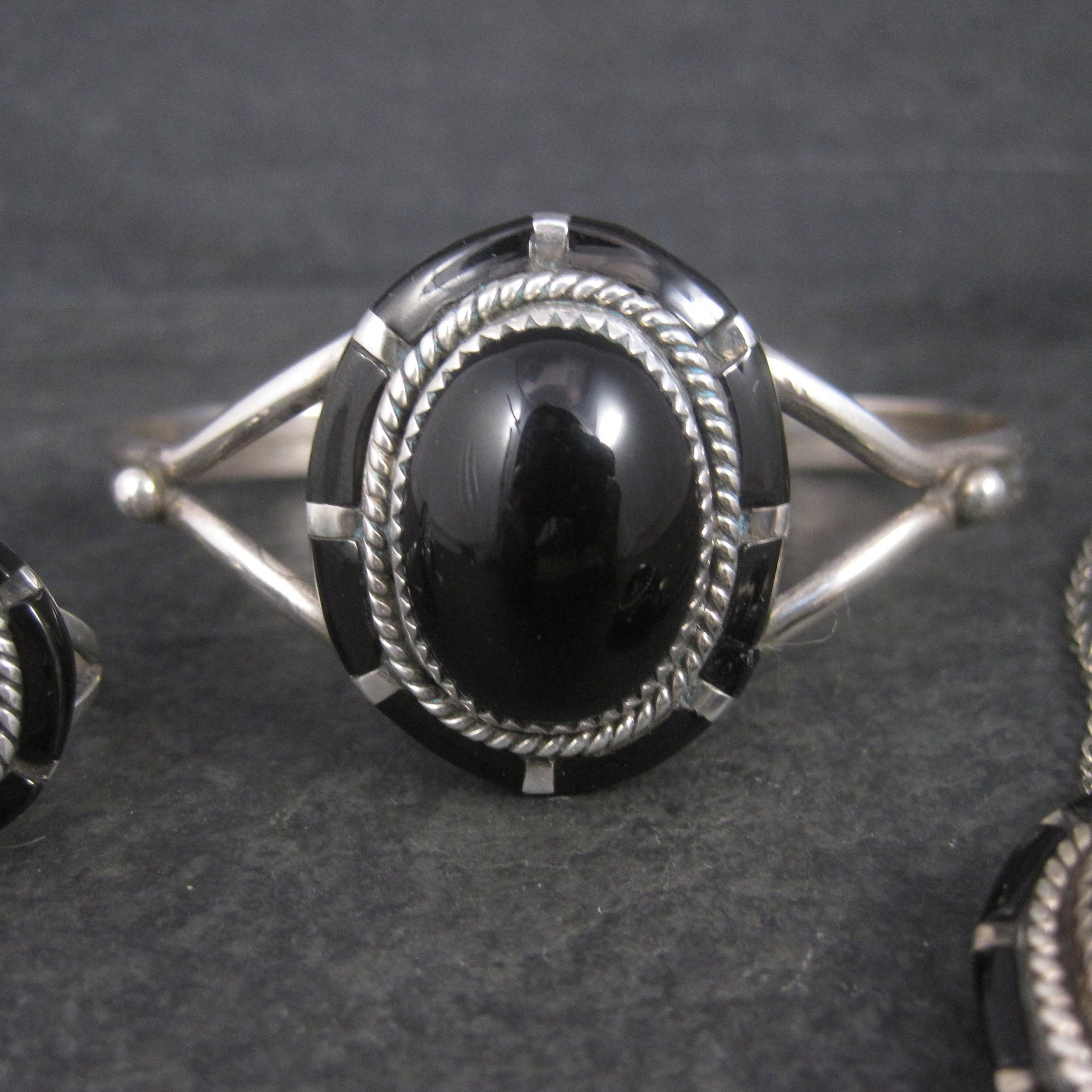 Vintage Southwestern Onyx Inlay Bracelet Pendant Ring Jewelry Set Size 5