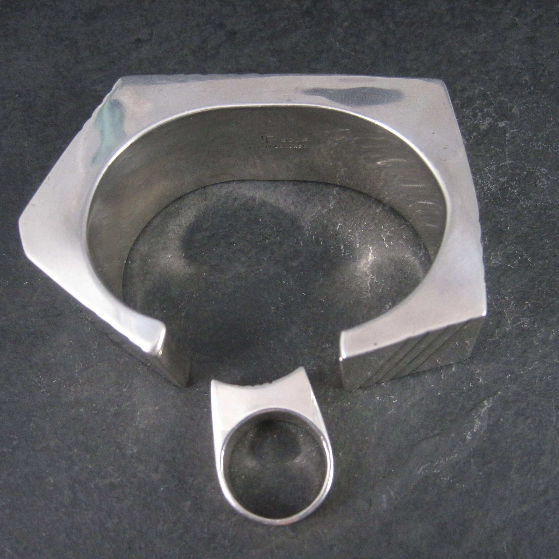 Contemporary Navajo Sterling Cuff Bracelet Ring Set Yellowhorse 6.25 Inches Size 7