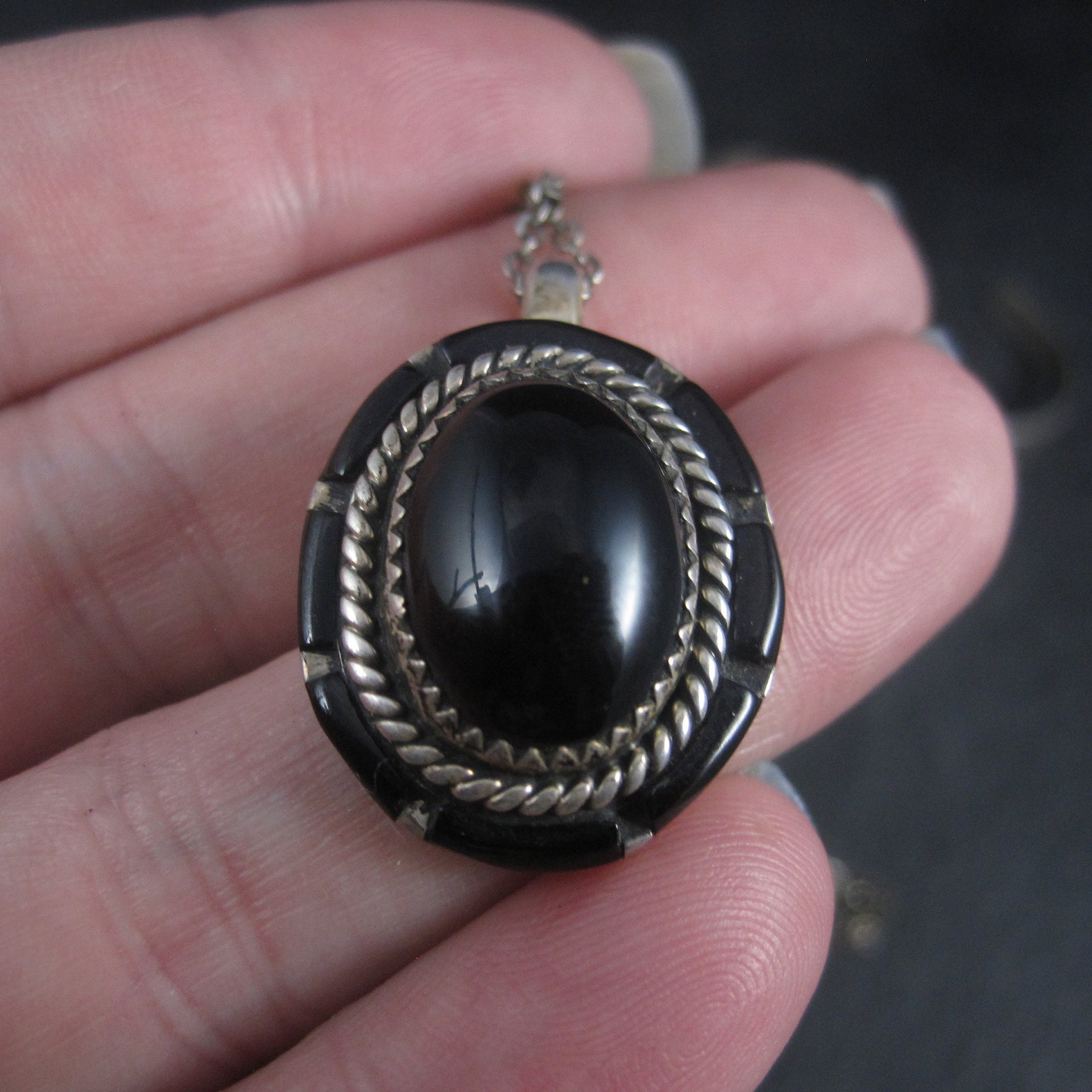 Vintage Southwestern Onyx Inlay Bracelet Pendant Ring Jewelry Set Size 5