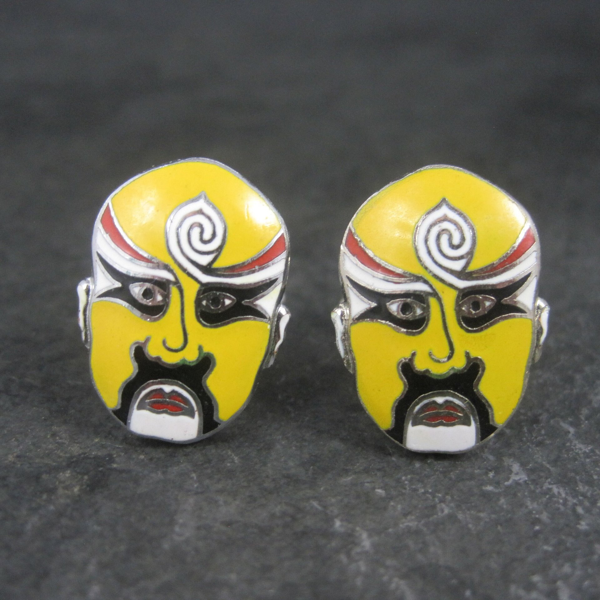 Vintage Enamel Kabuki Cufflinks and Tie Tack Set