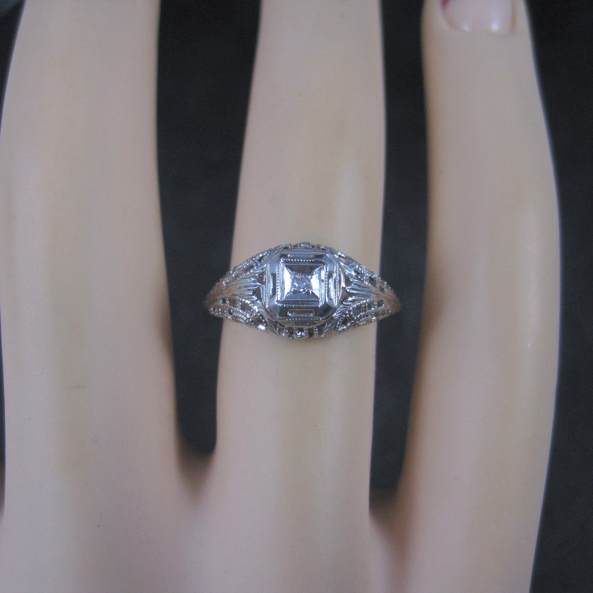 Dainty Antique 10K Filigree Diamond Engagement Ring Size 6