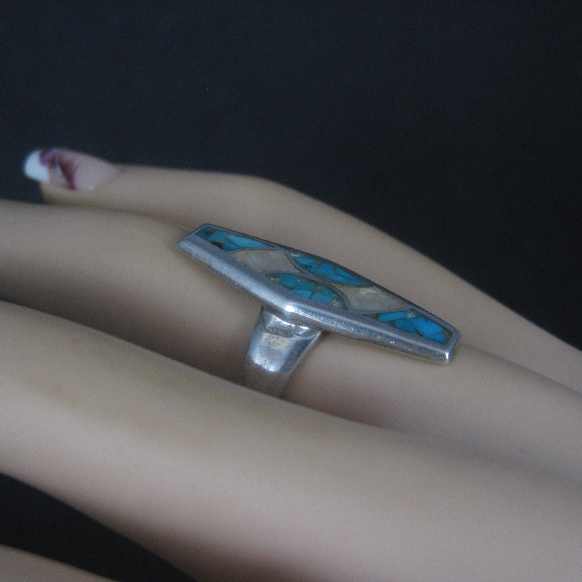 Sterling Crushed Turquoise Mother of Pearl Inlay Ring Size 7