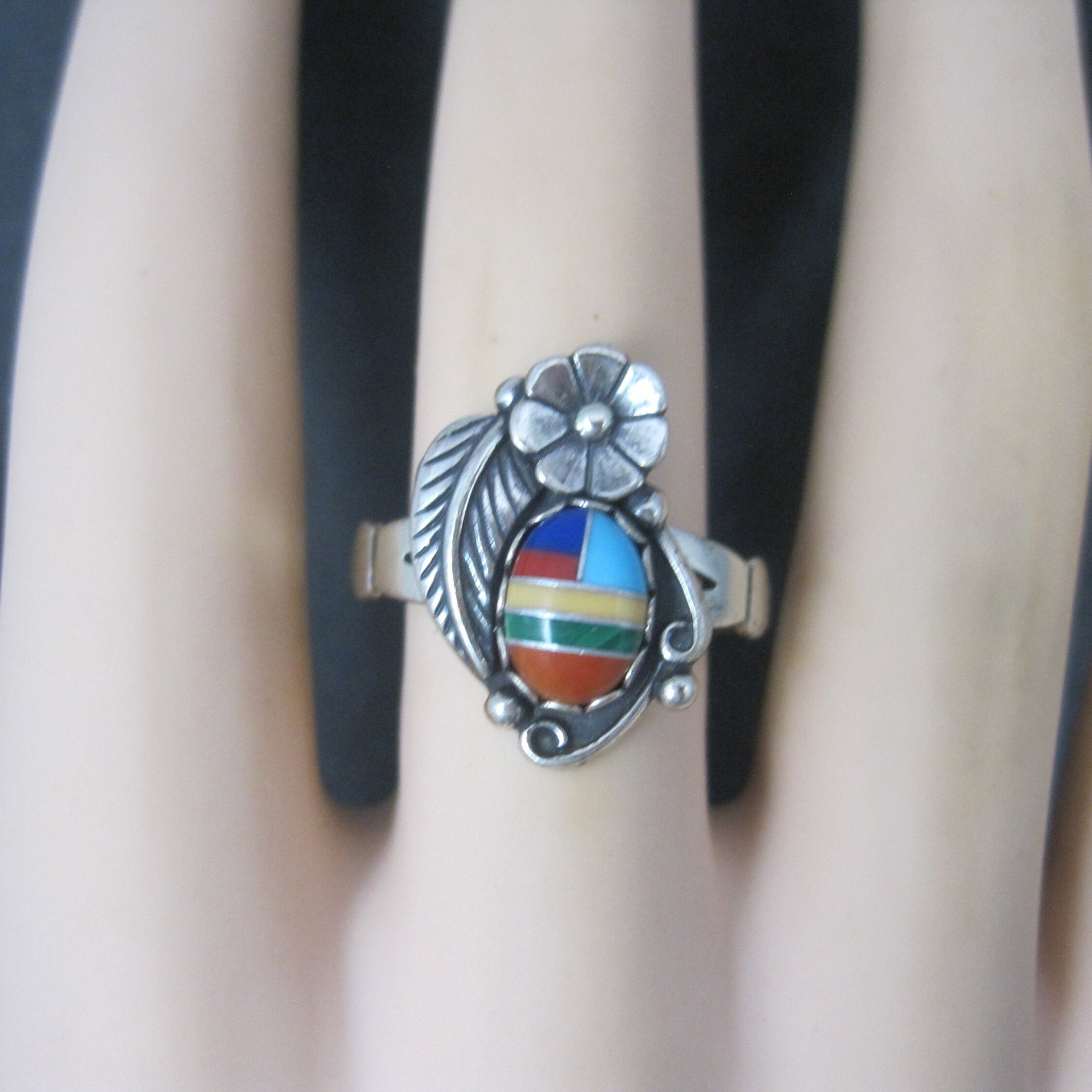 Southwestern Sterling Inlay Feather Ring NOS Size 6.5
