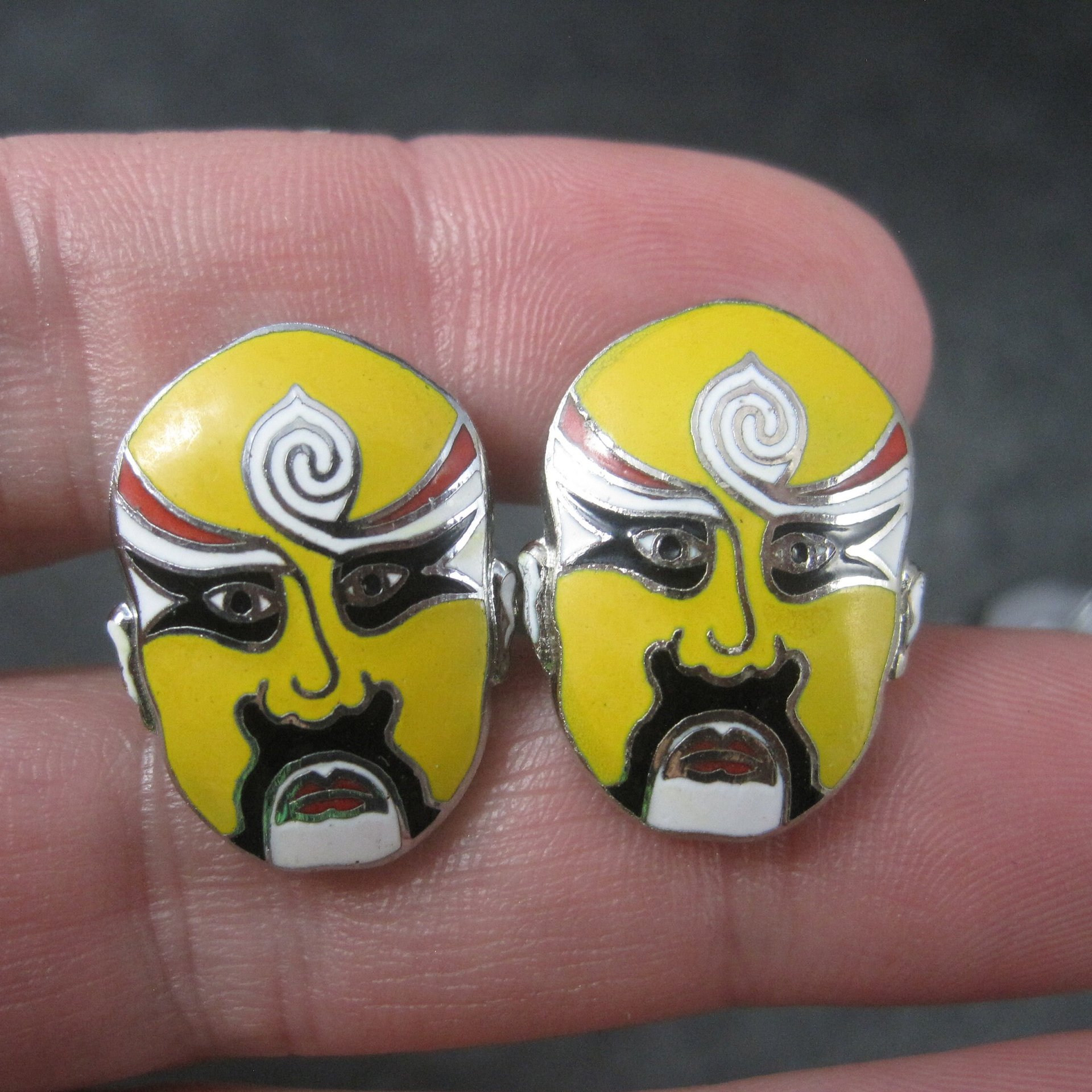 Vintage Enamel Kabuki Cufflinks and Tie Tack Set