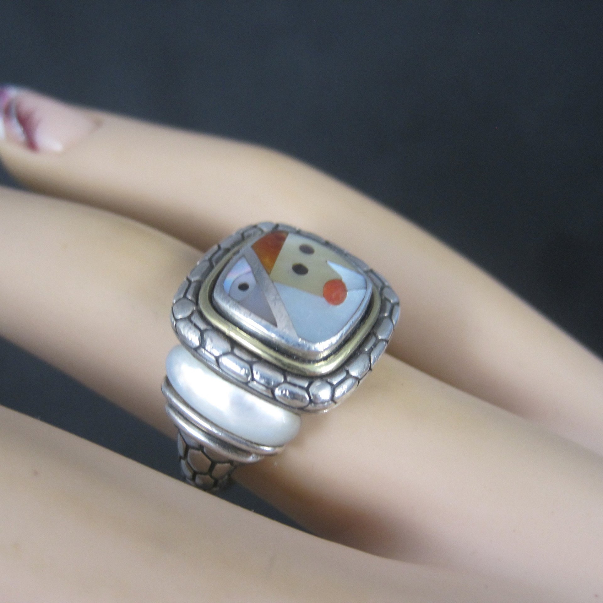 Vintage Sterling 18K Picasso Inlay Ring Size 5.5 Grossbardt