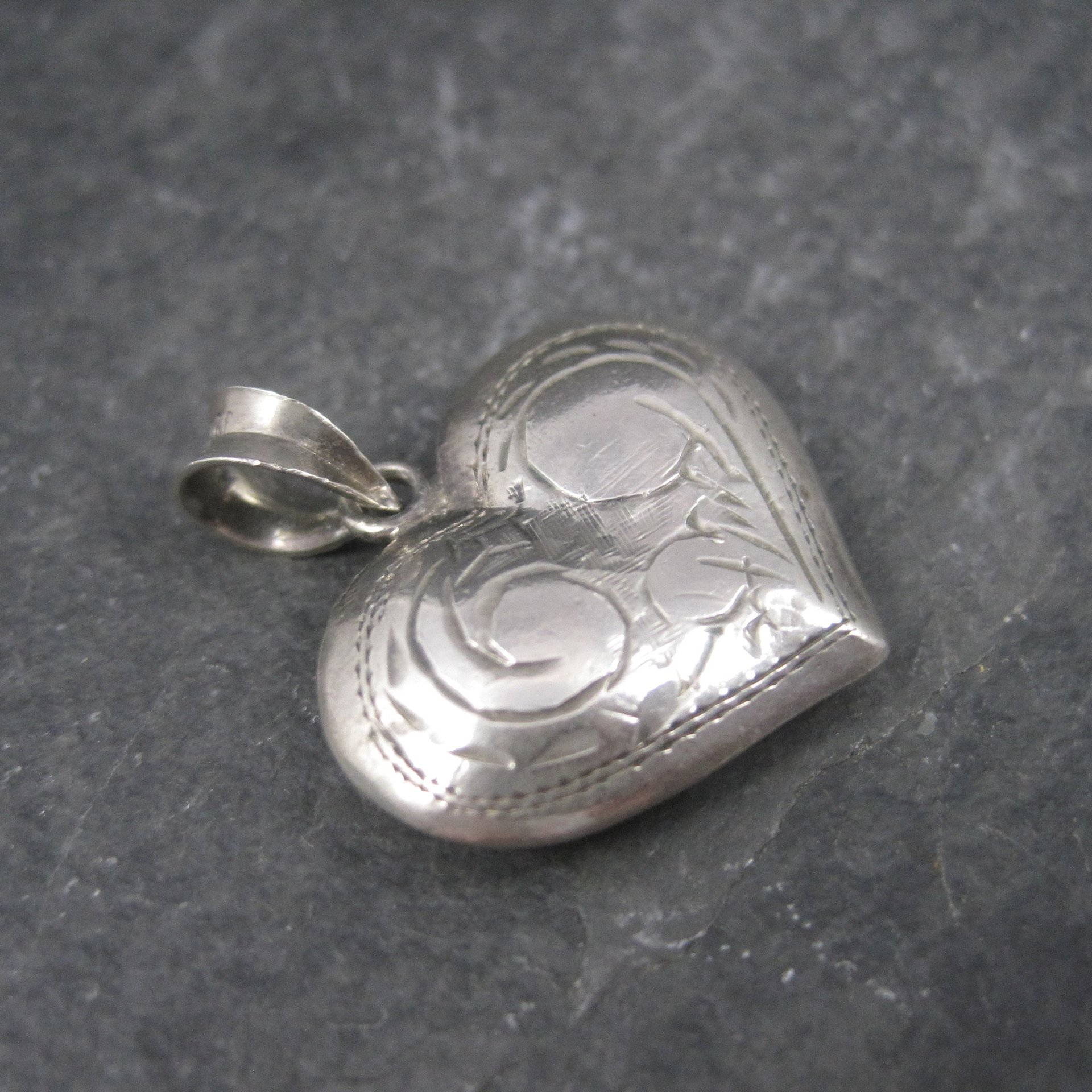 Vintage Sterling Etched Puffy Heart Pendant