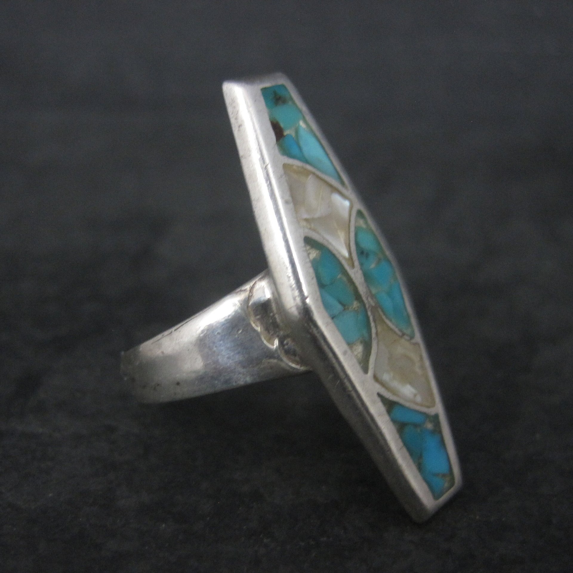 Sterling Crushed Turquoise Mother of Pearl Inlay Ring Size 7
