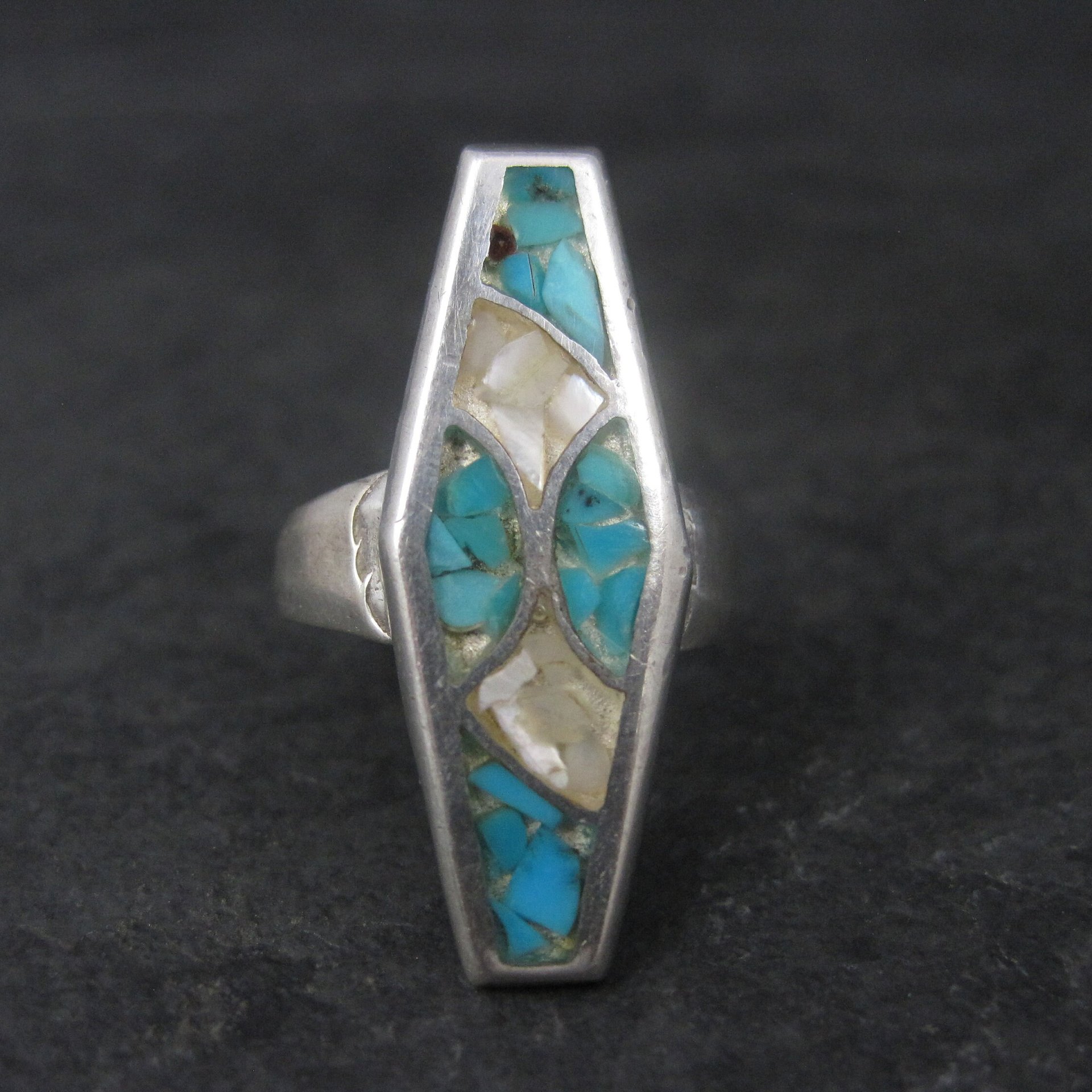 Sterling Crushed Turquoise Mother of Pearl Inlay Ring Size 7