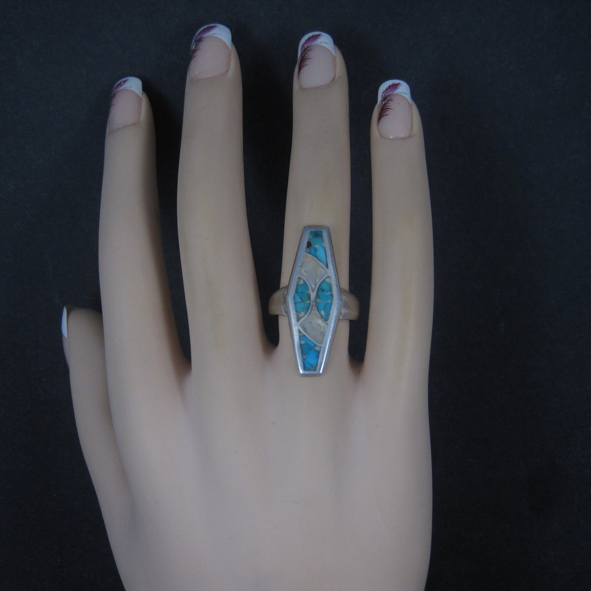 Sterling Crushed Turquoise Mother of Pearl Inlay Ring Size 7
