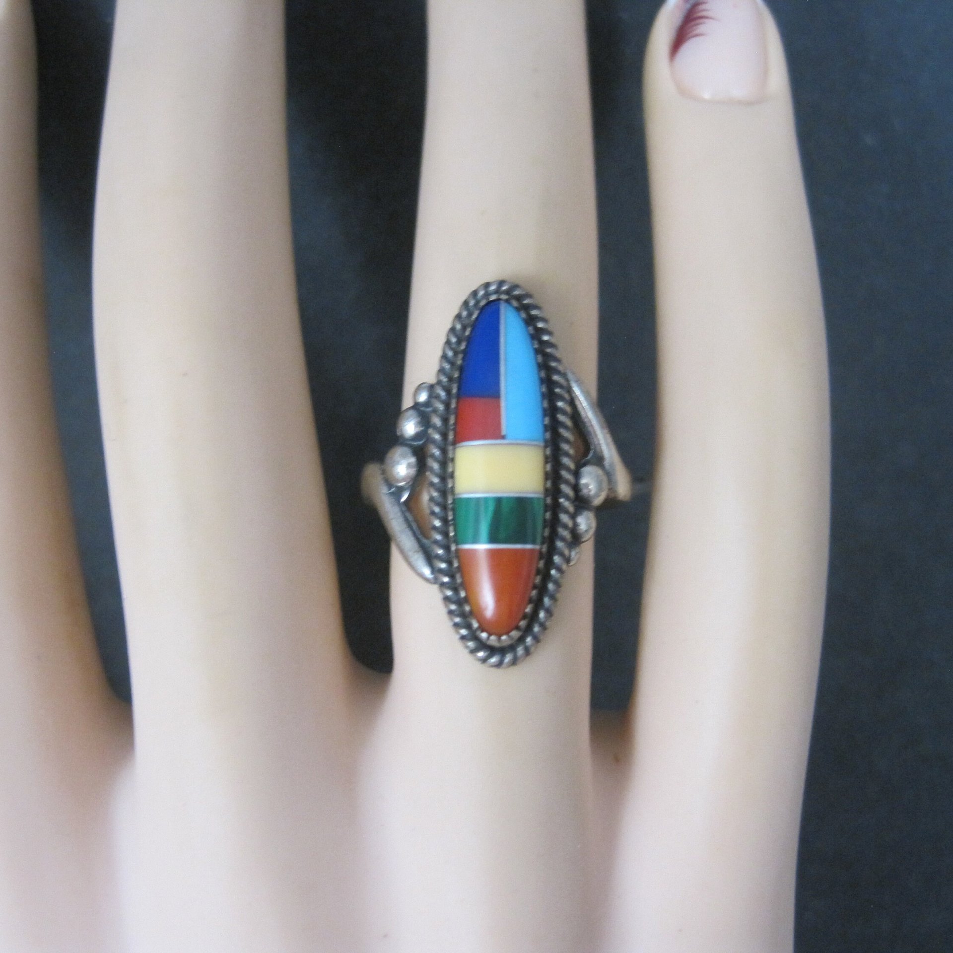 Southwestern Sterling Inlay Ring New Old Stock Size 5.5