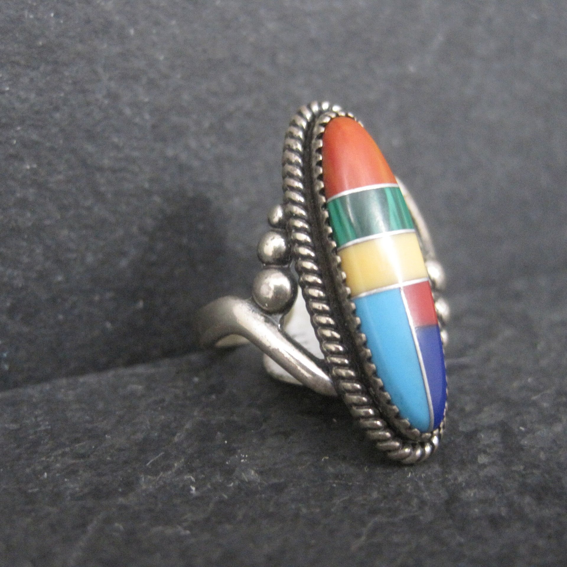 Southwestern Sterling Inlay Ring New Old Stock Size 5.5