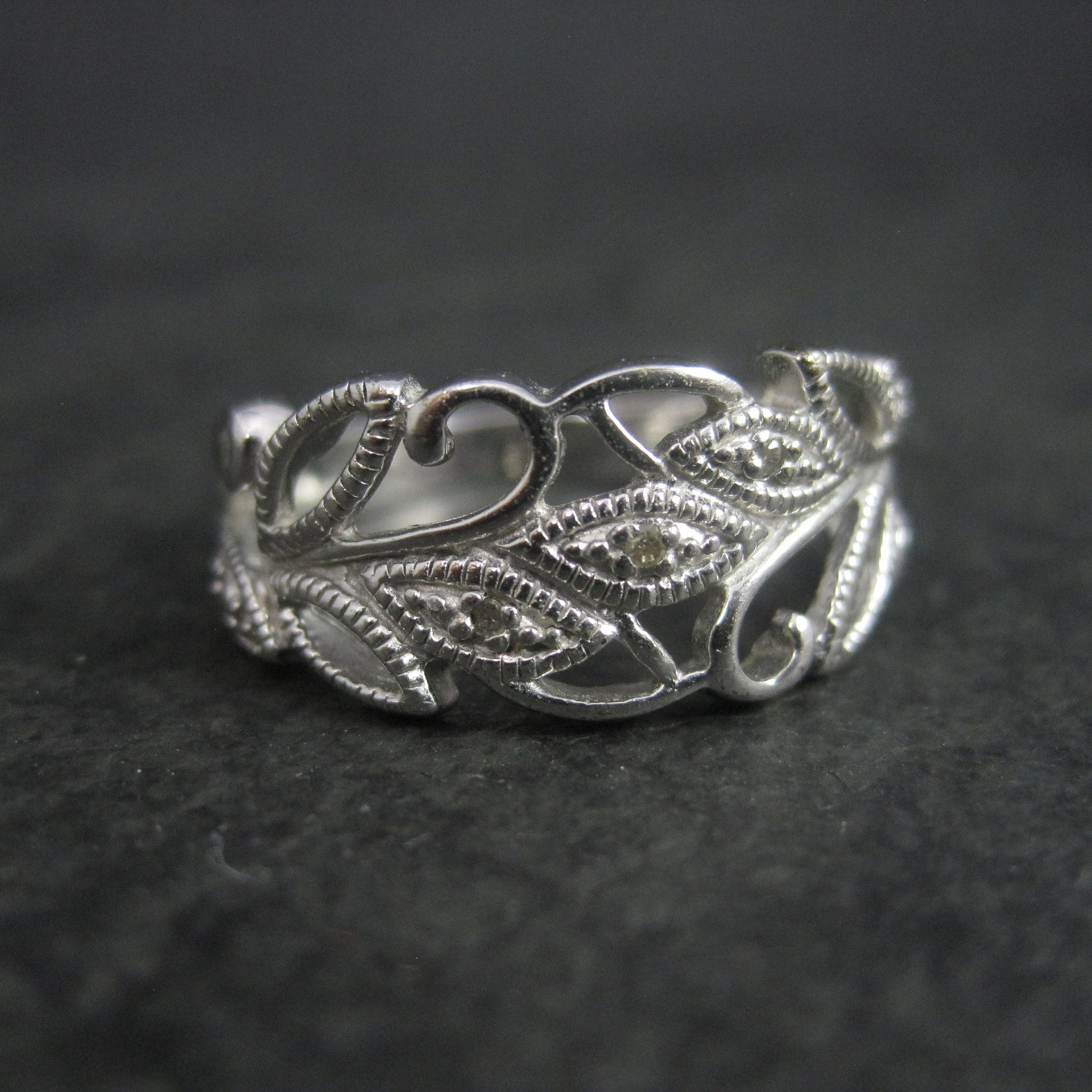 Vintage Sterling Diamond Leaf Ring Size 7