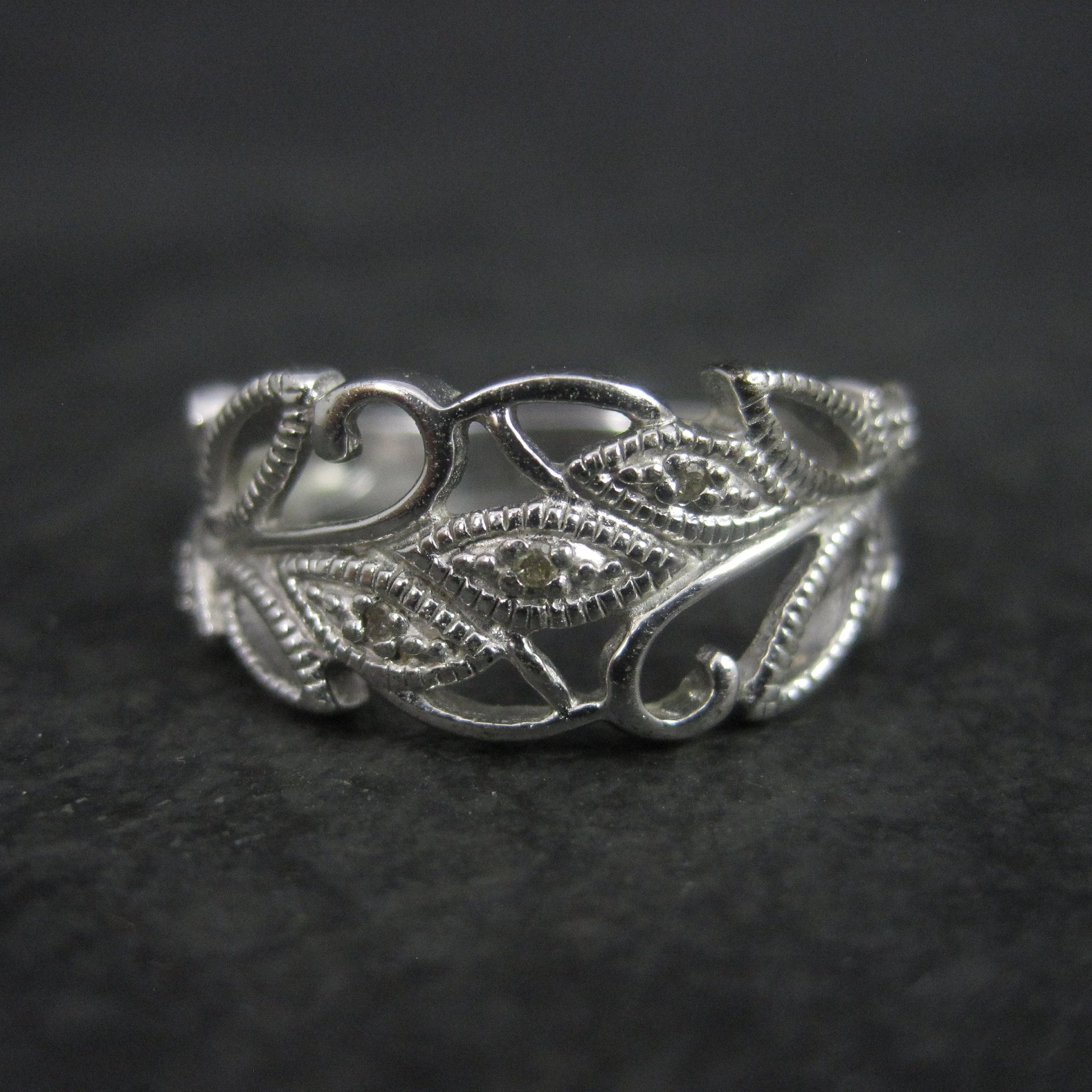 Vintage Sterling Diamond Leaf Ring Size 7