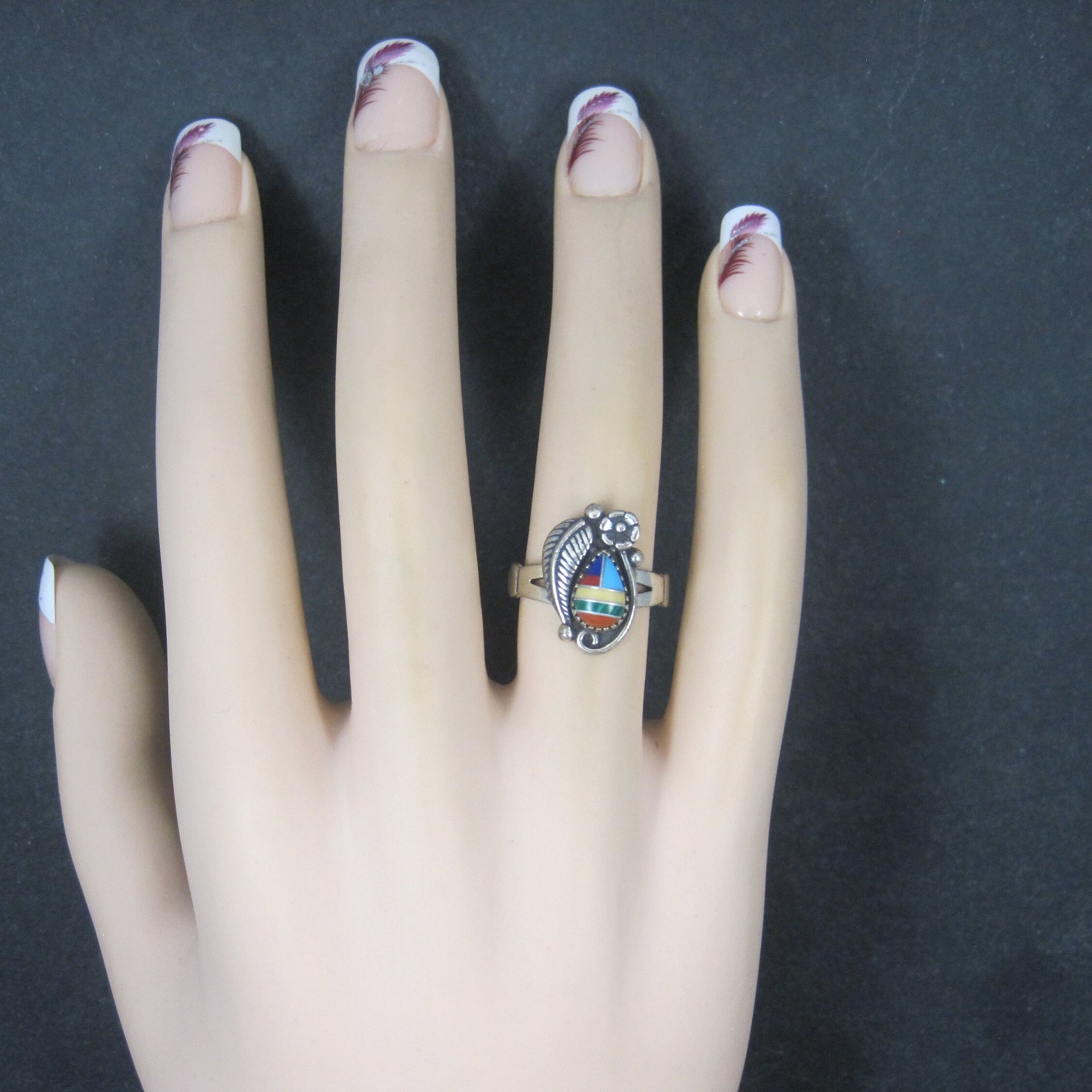 Southwestern Sterling Inlay Feather Ring NOS