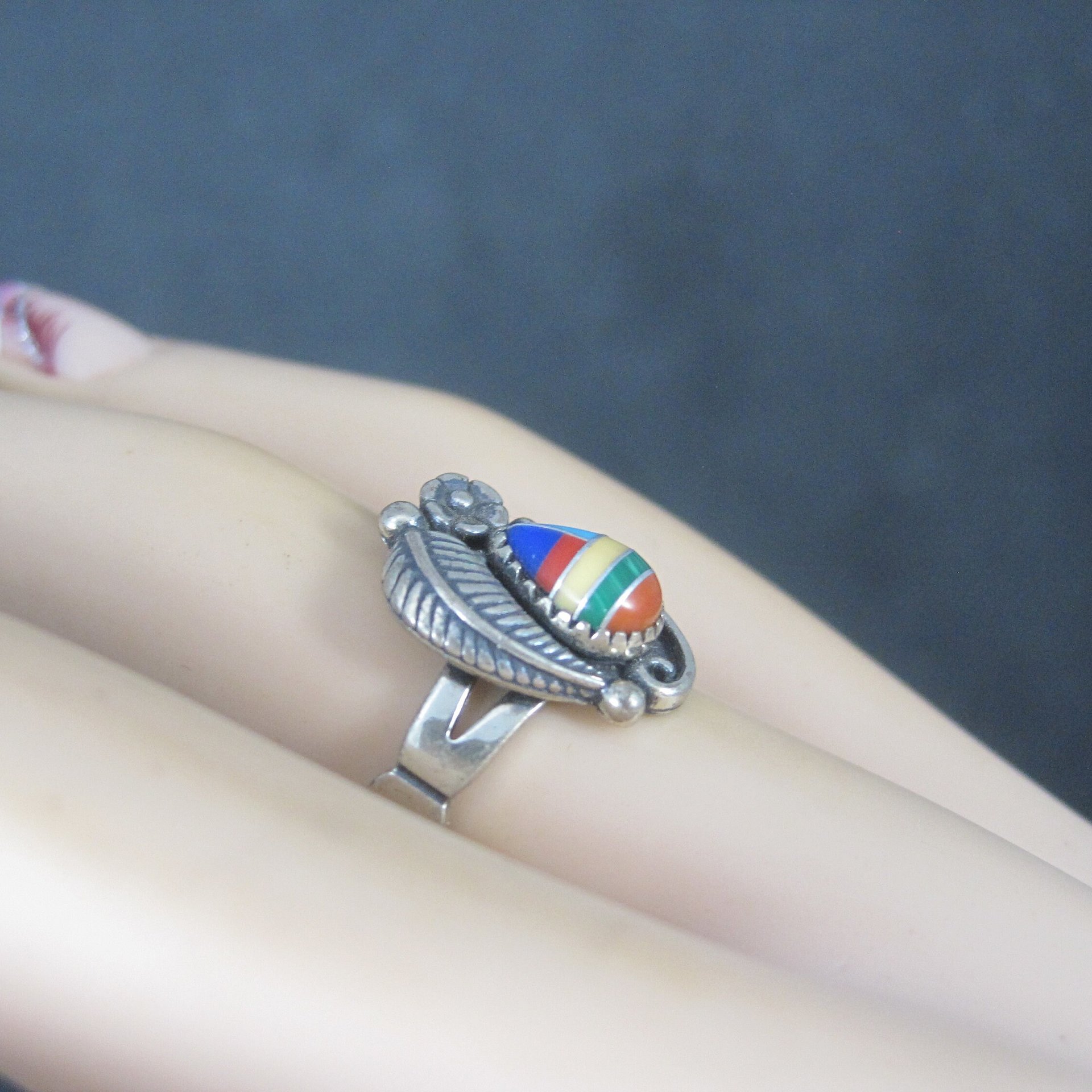 Southwestern Sterling Inlay Feather Ring NOS