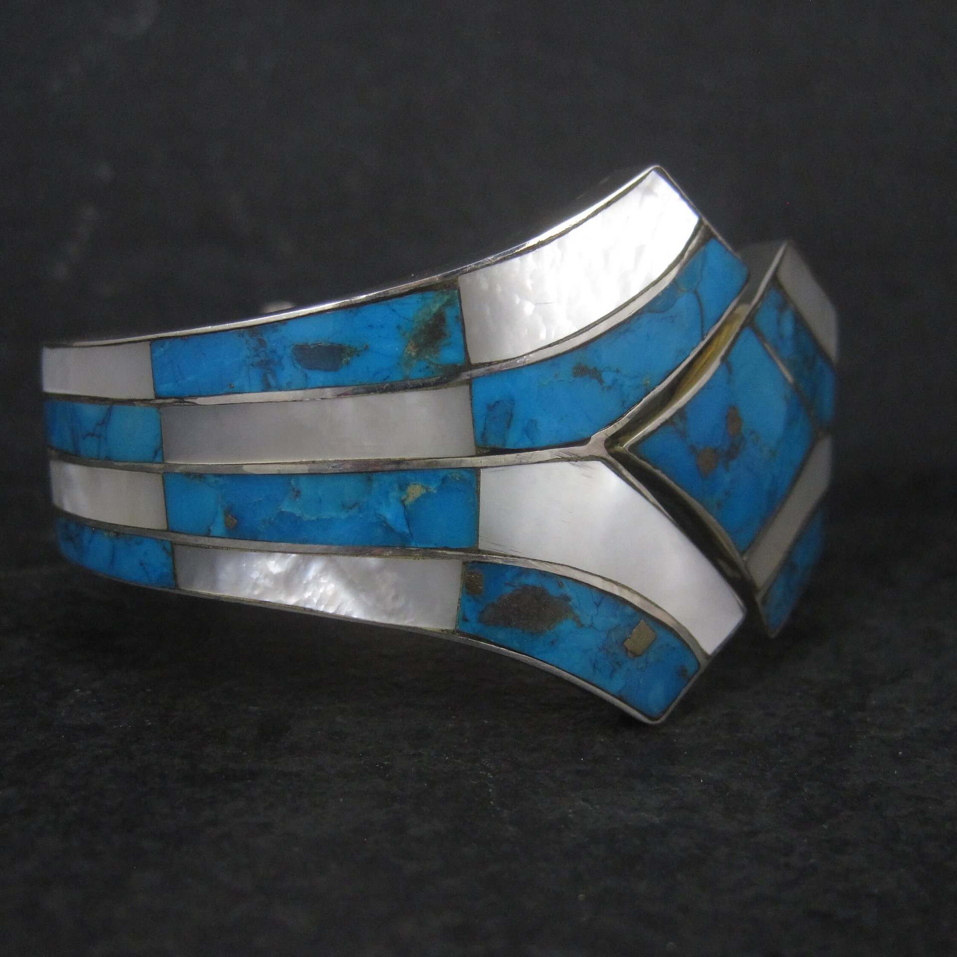 Vintage Southwestern Sterling Turquoise Mother of Pearl Clamper Bracelet 6.75"