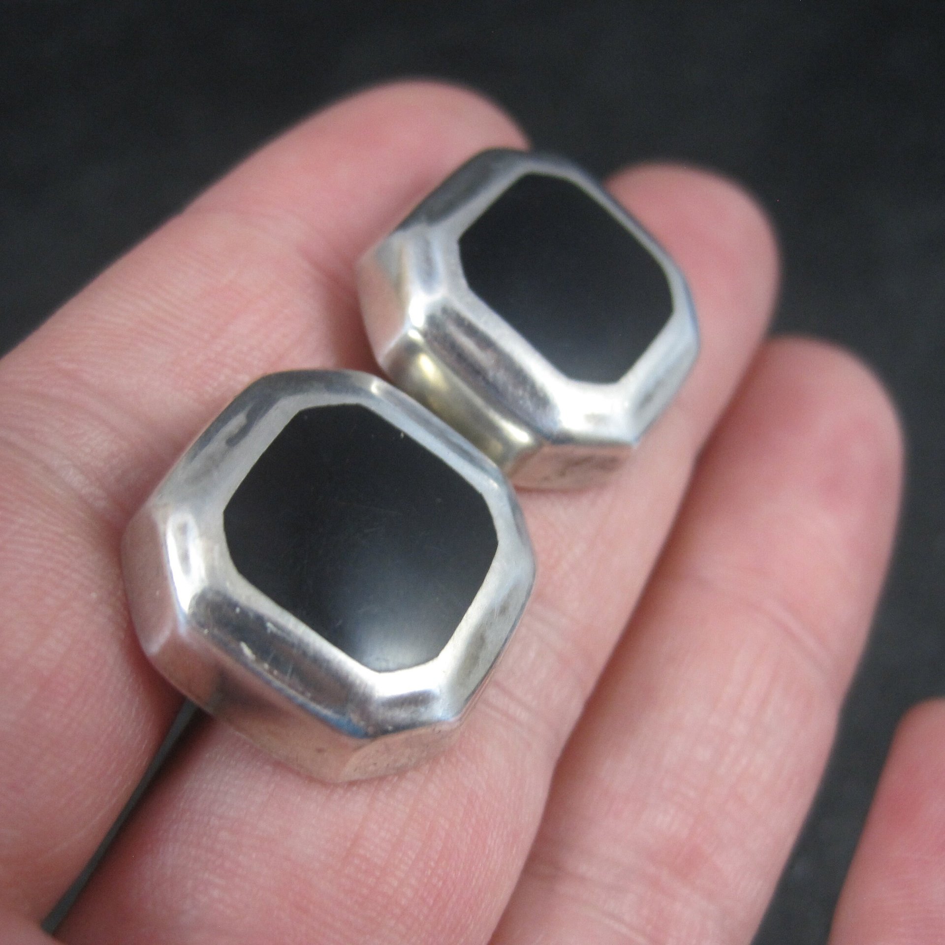 Vintage Mexican Sterling Black Enamel Inlay Earrings