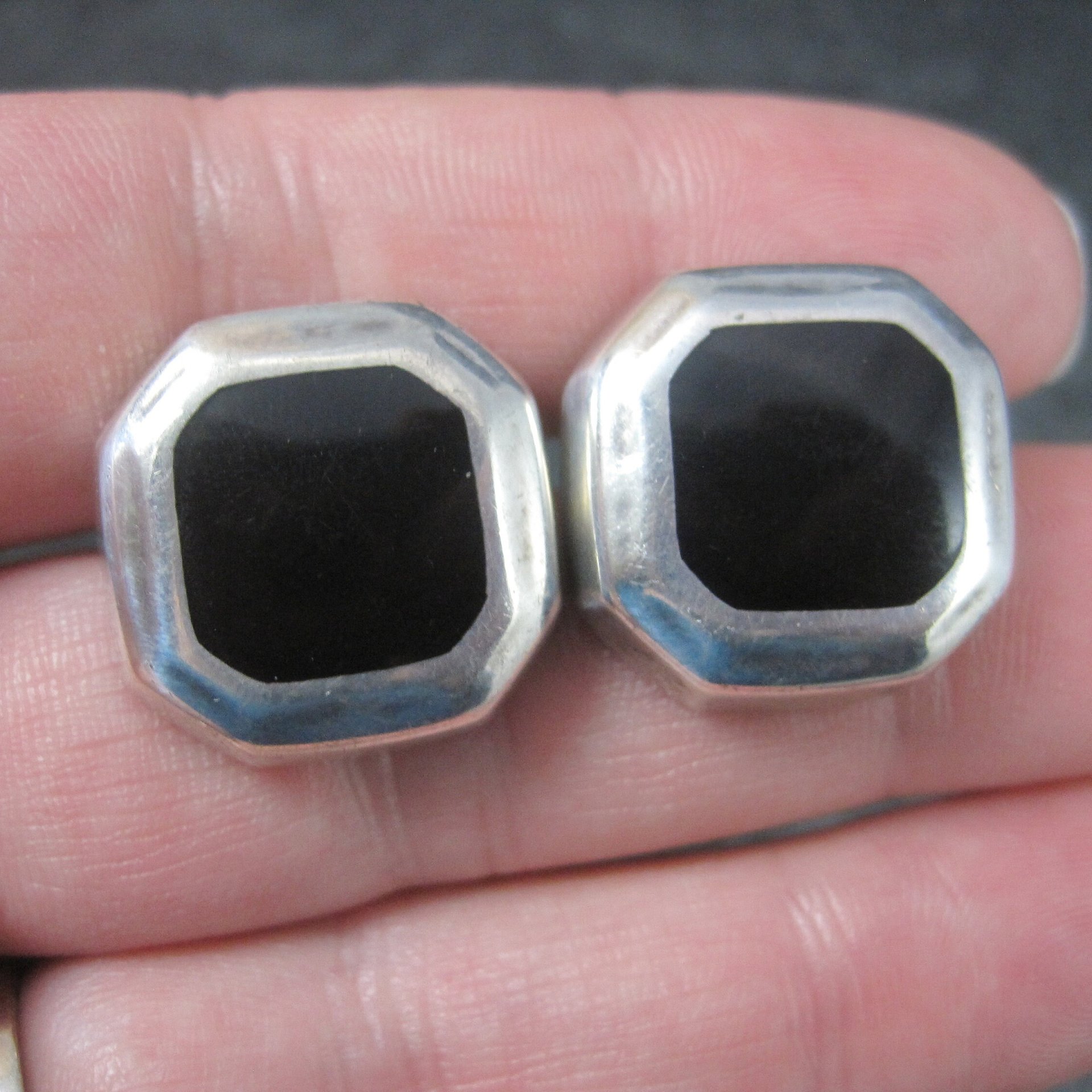 Vintage Mexican Sterling Black Enamel Inlay Earrings
