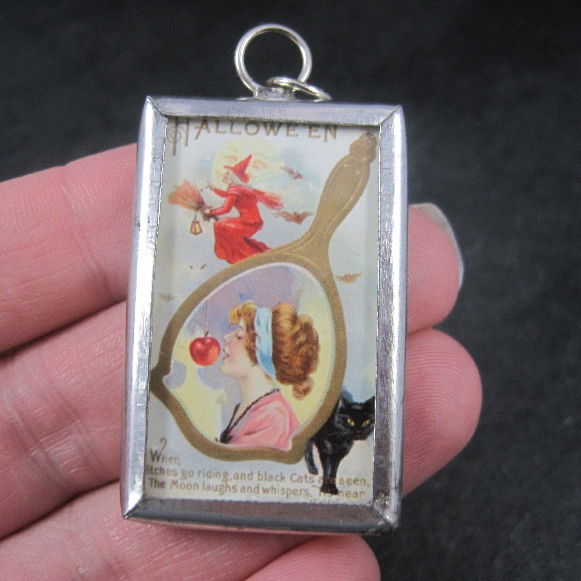 Vintage Halloween When Witches Go Riding Postcard Pendant Charm