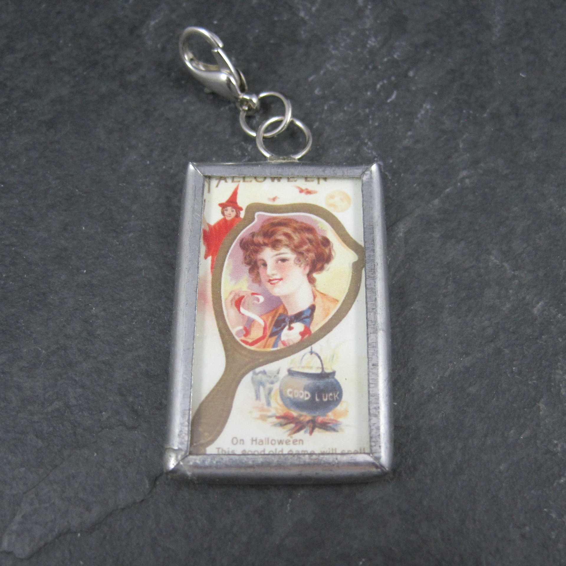 Vintage Halloween When Witches Go Riding Postcard Pendant Charm